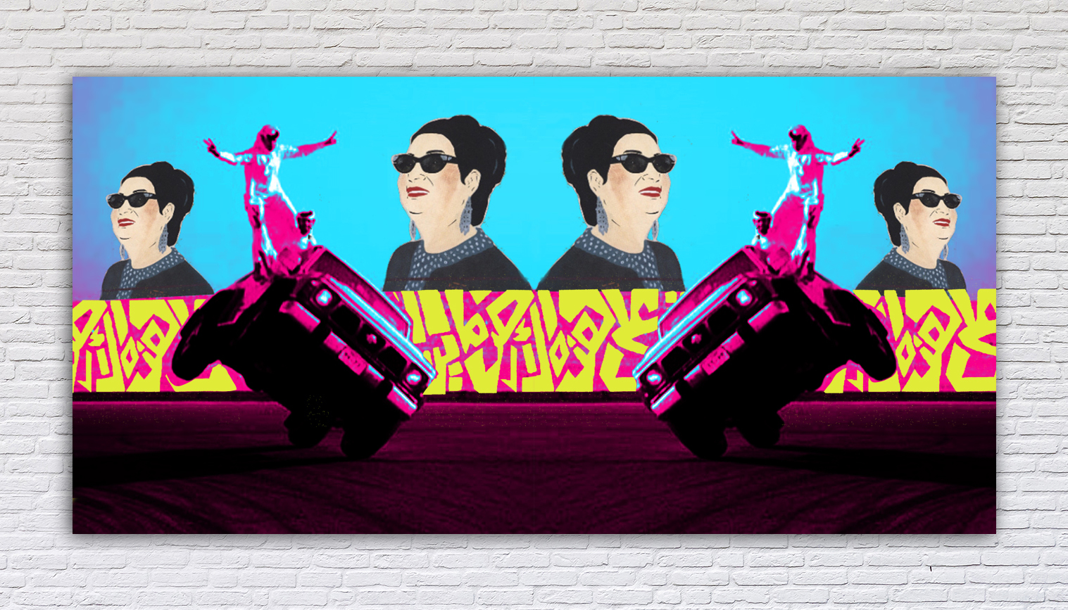 The great Egyptian singer Umm Kulthum looks on from a bygone era of Arab secularism onto the viral antics of Saudi youth balancing on 2-wheeling Nissan Patrols. All while a verse from the Palestinian poet Mahmoud Darwish connects the past with the present and reminds the viewer of the hopeful possibilities of the future: “We have on this land that which makes life worth living”