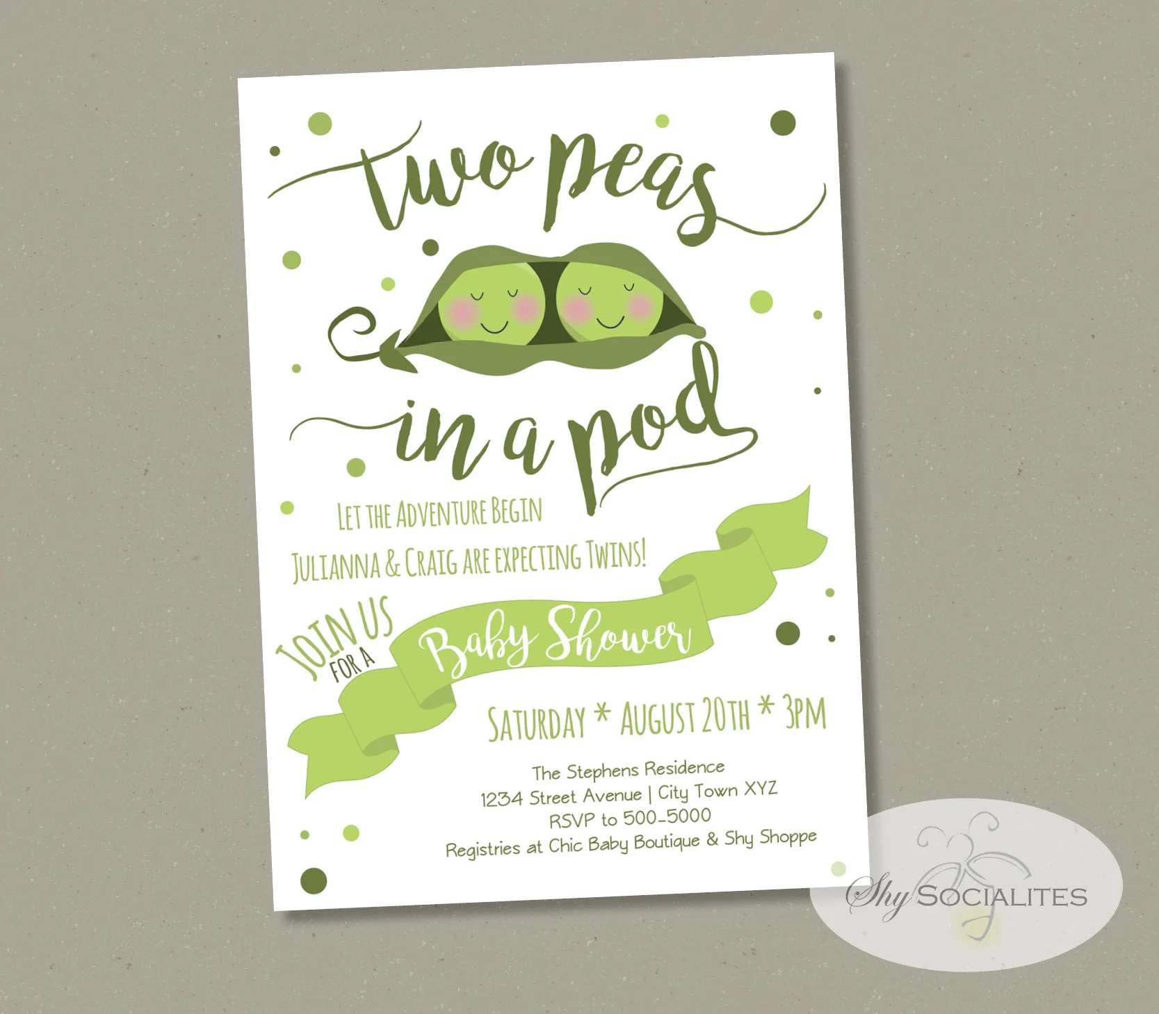 Two Peas In A Pod Twins Baby Shower Invitation Shy Socialites