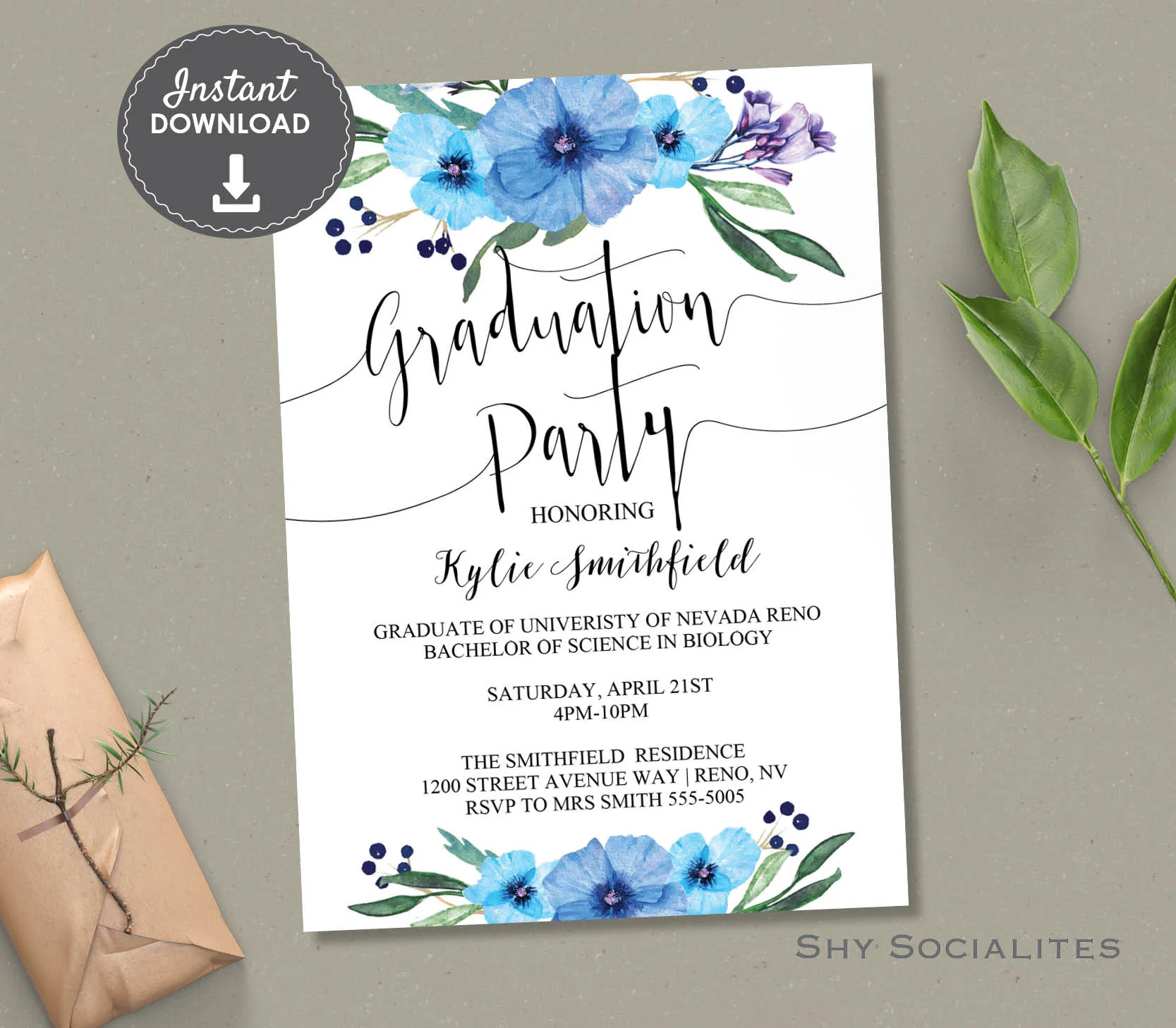 graduation party script blue flowers.jpg