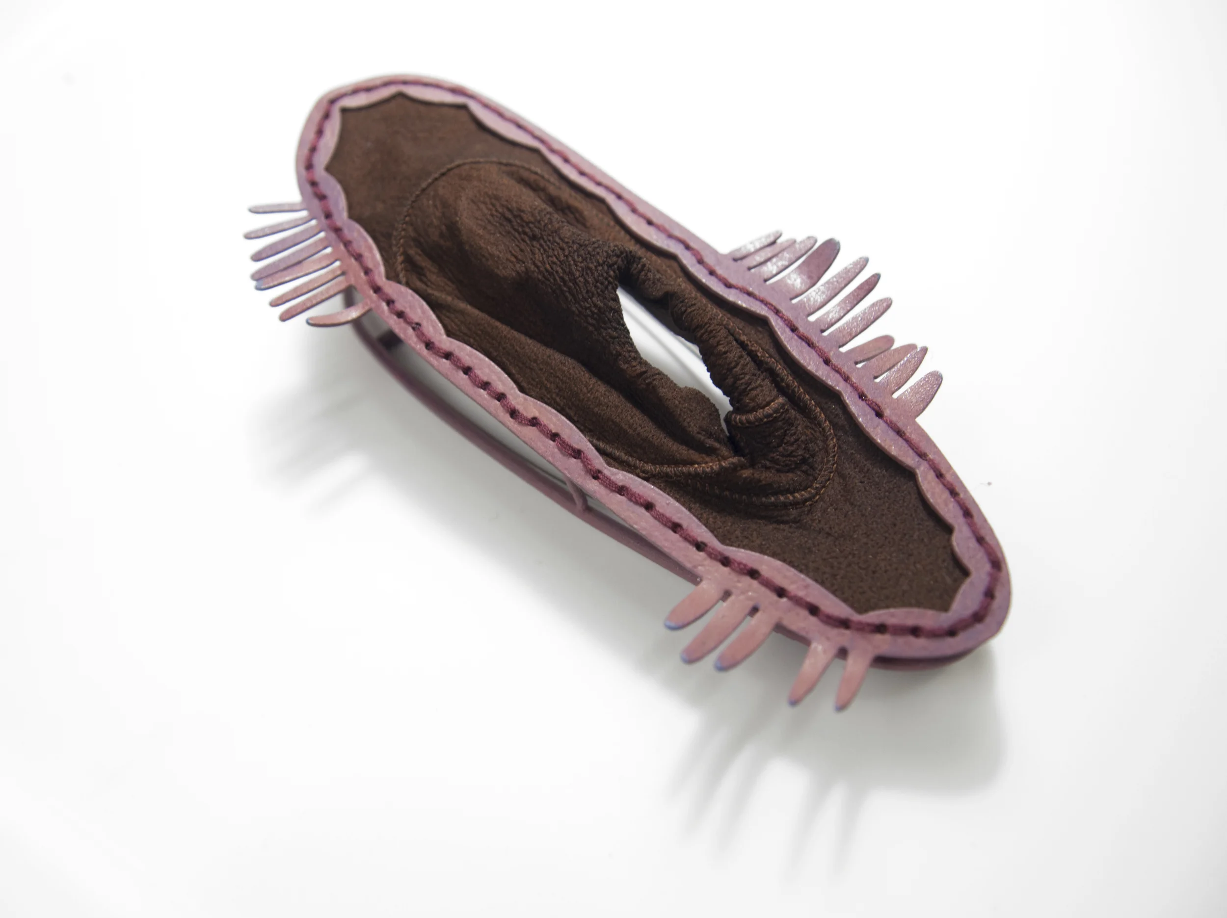 Brooch, 2016 leather, brass, thread