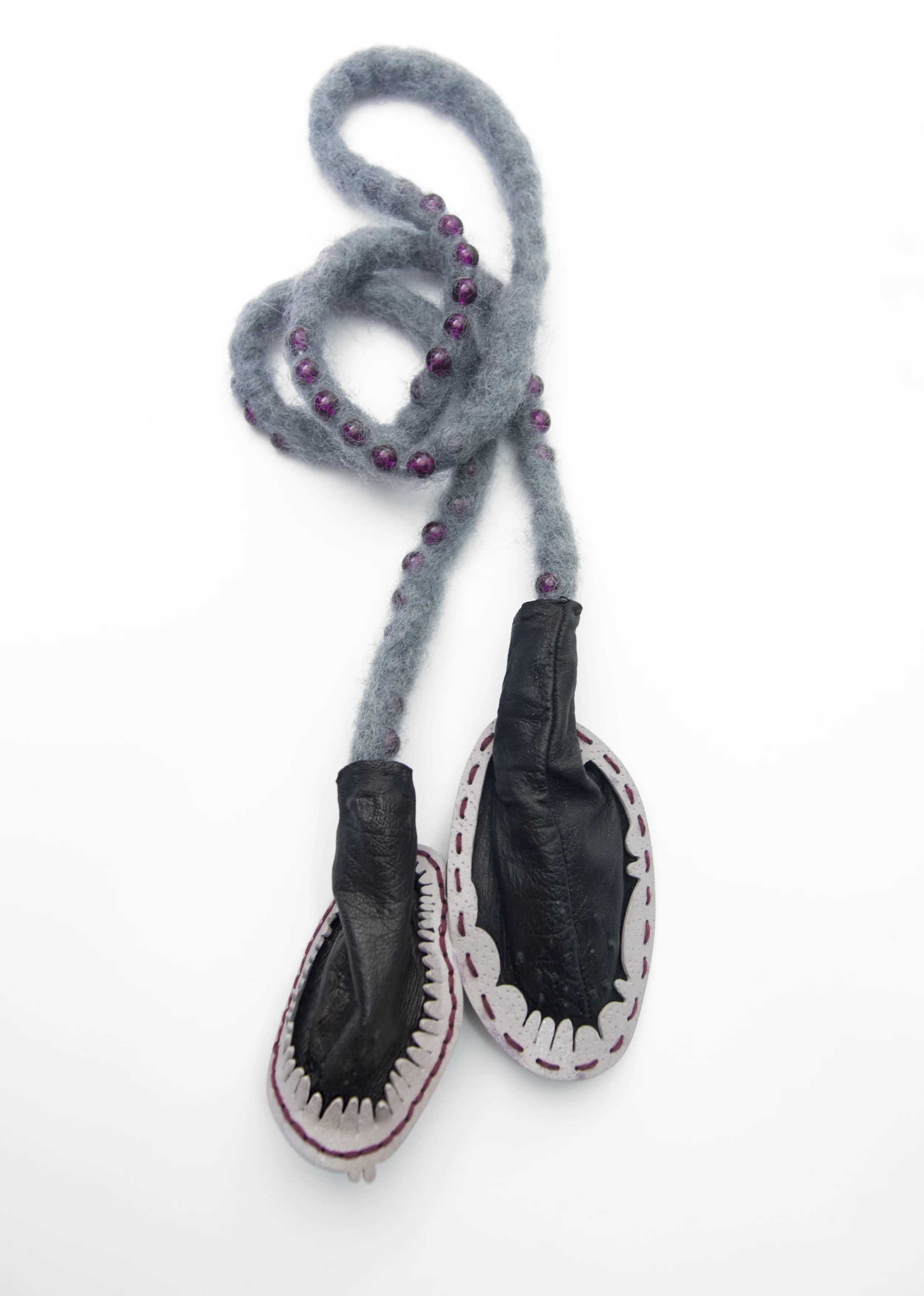 Necklace, 2016 Leather, brass, thread, plastic beads, wool