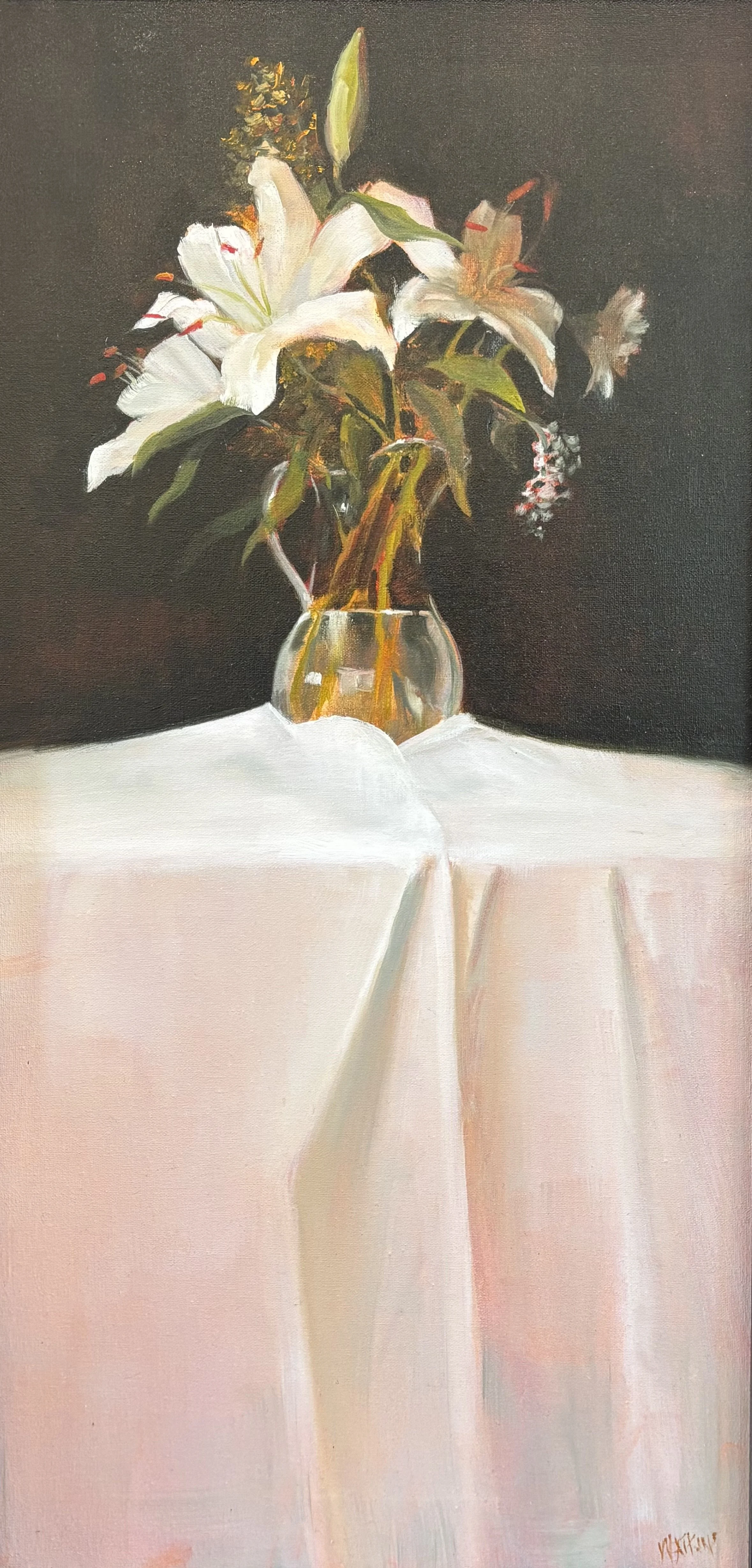 "Barbara's Flowers" original oil, outside dimensions 17"x29", $1800