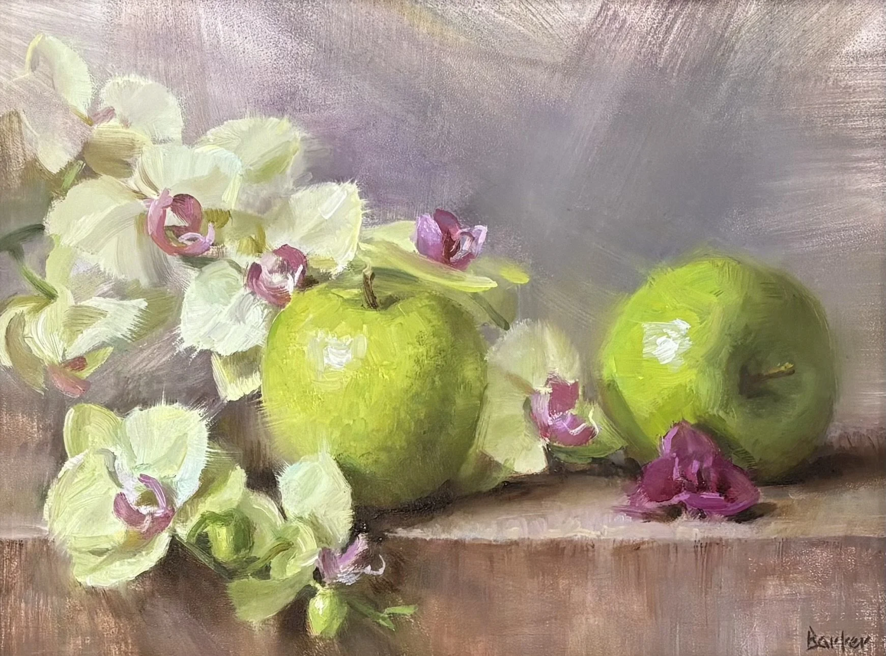 "Green Apples and Orchids", original oil, 9"x12", $1250.00