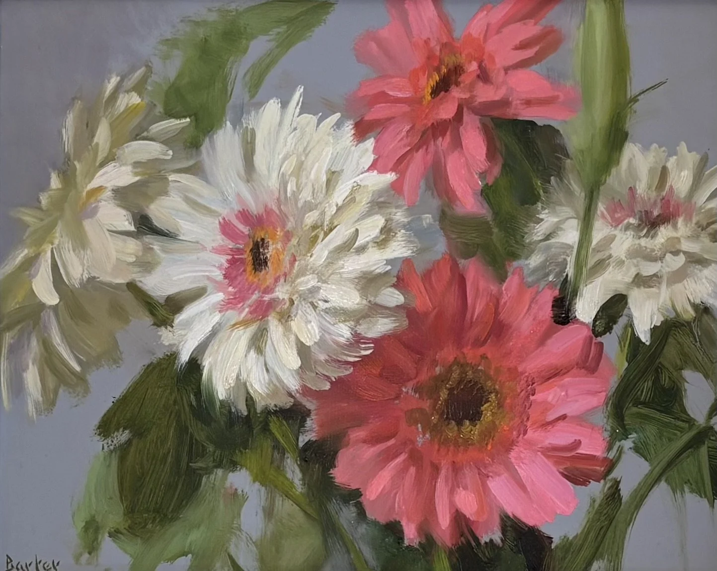 "Gerber Daisies in Coral and Cream", original oil, 8"x10", $1000.00