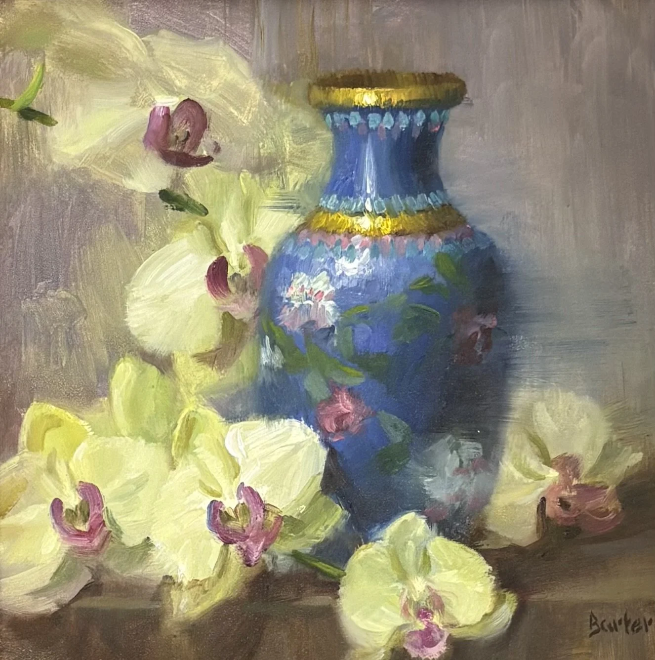 "Enamel Vase and Orchids" original oil, 8"x8", $895.00