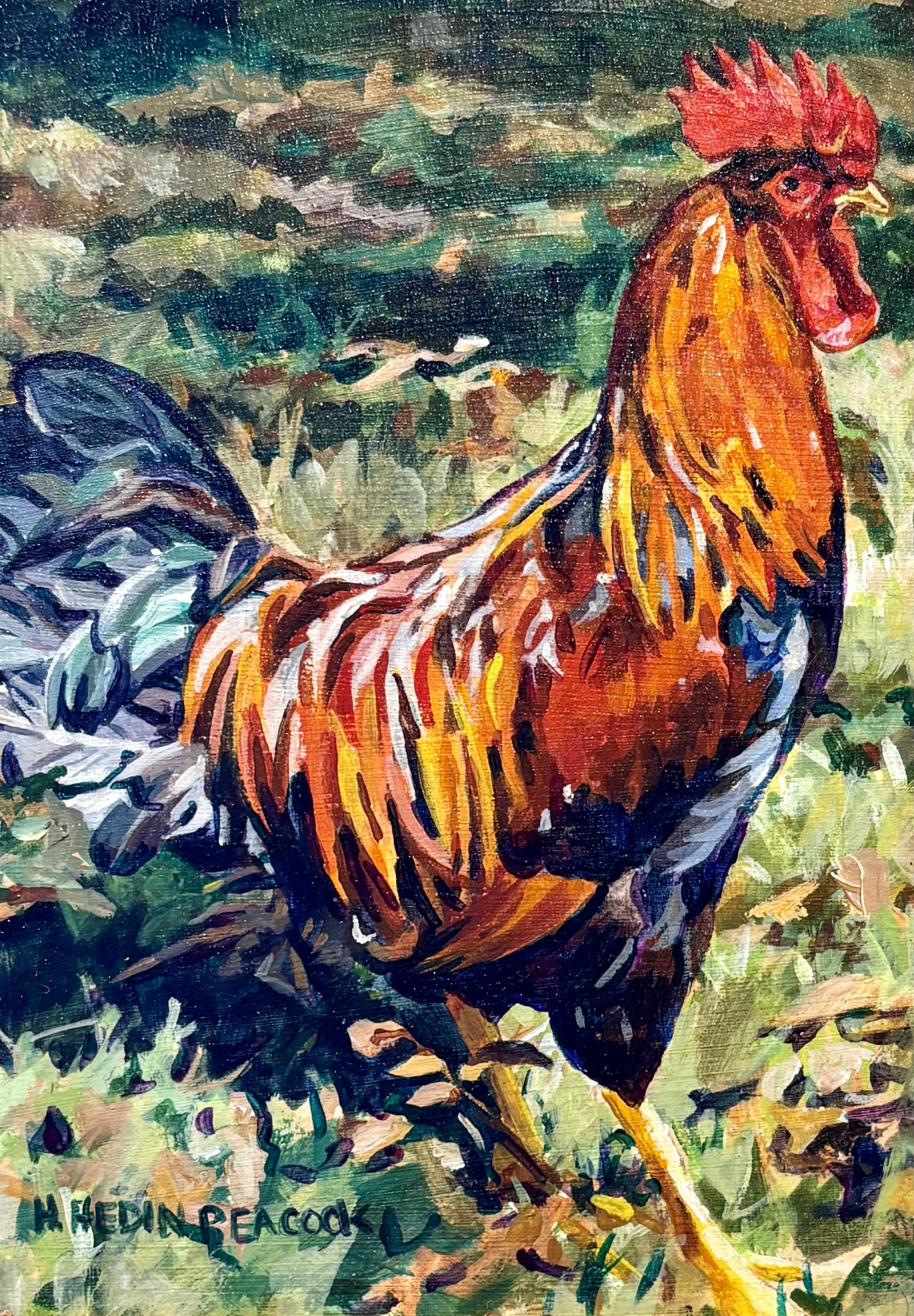 "Rooster, Wellsumer" original acrylic, 5"x7", $300.00