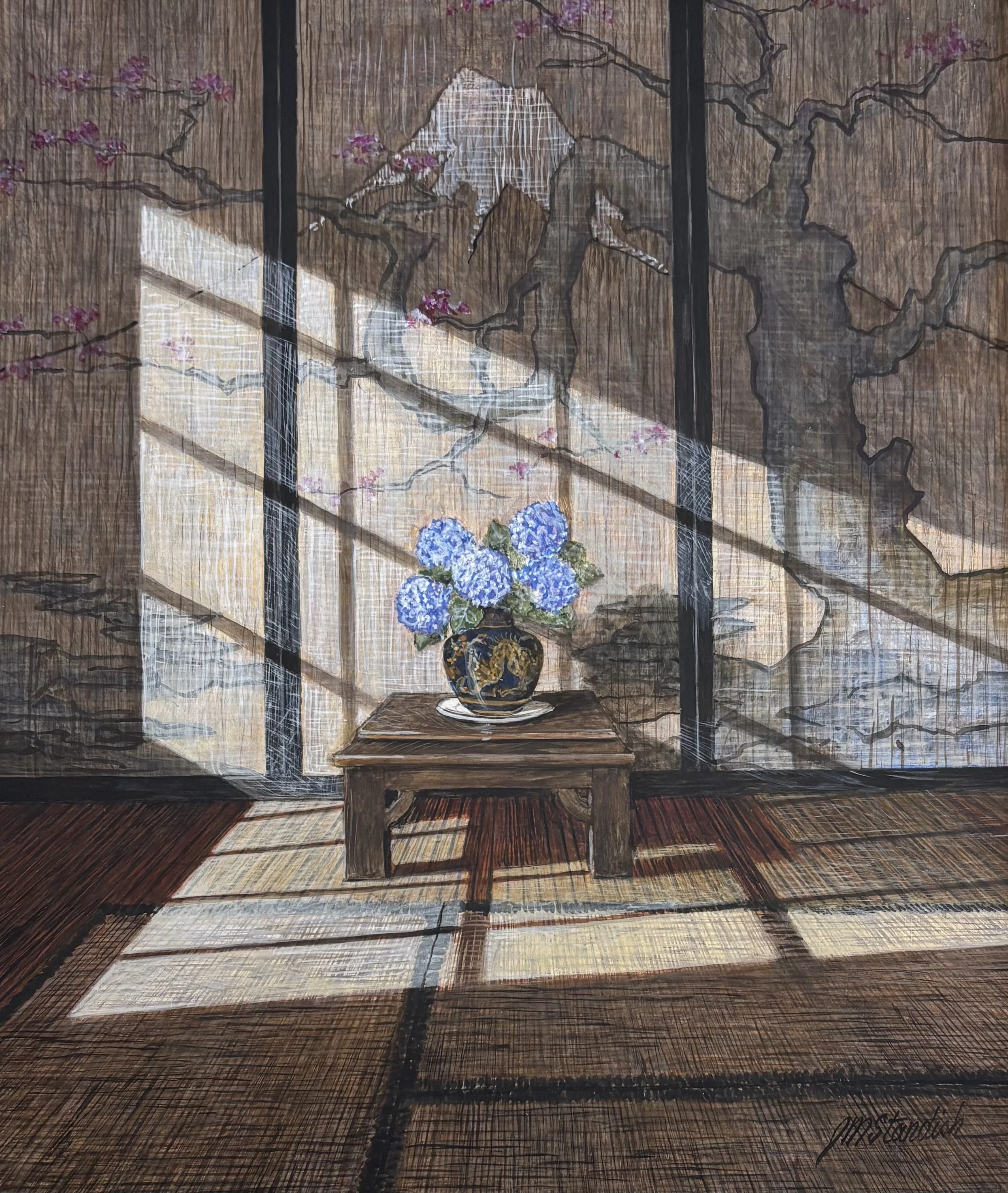 "Under the Mountain" original egg tempera, outside dimensions 16"x18", $1400.00 