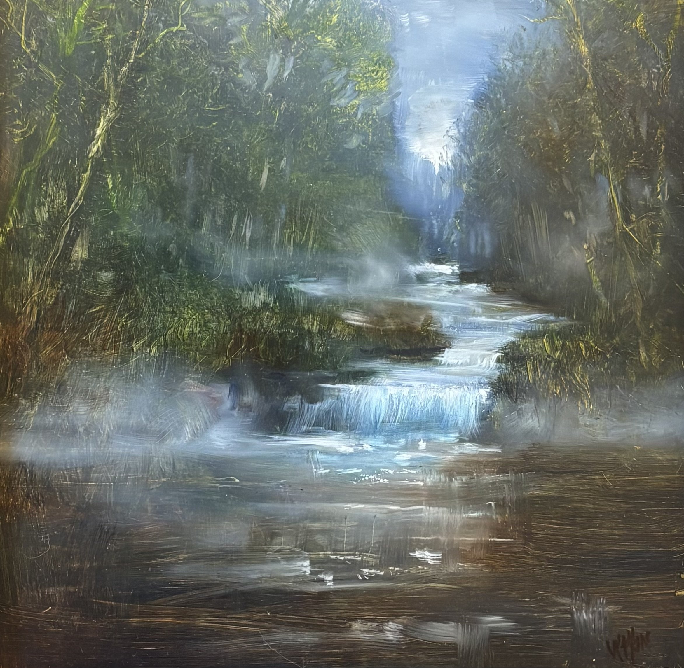 "Woodland Nocturne" original oil on aluminum, outside dimensions 17"x17", $900.00