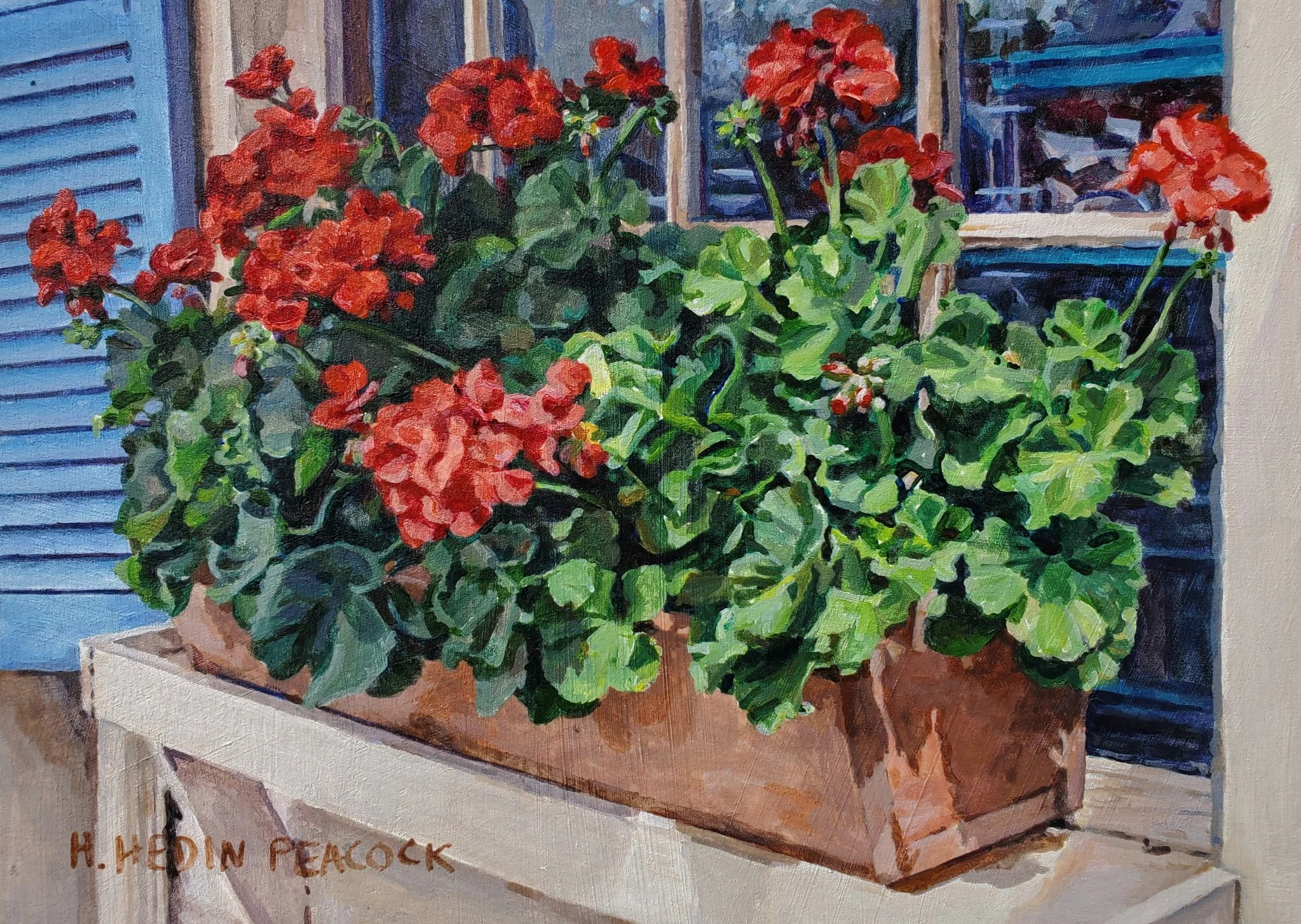 "Window Box with Red Geraniums" original acrylic, 5"x7", $300.00