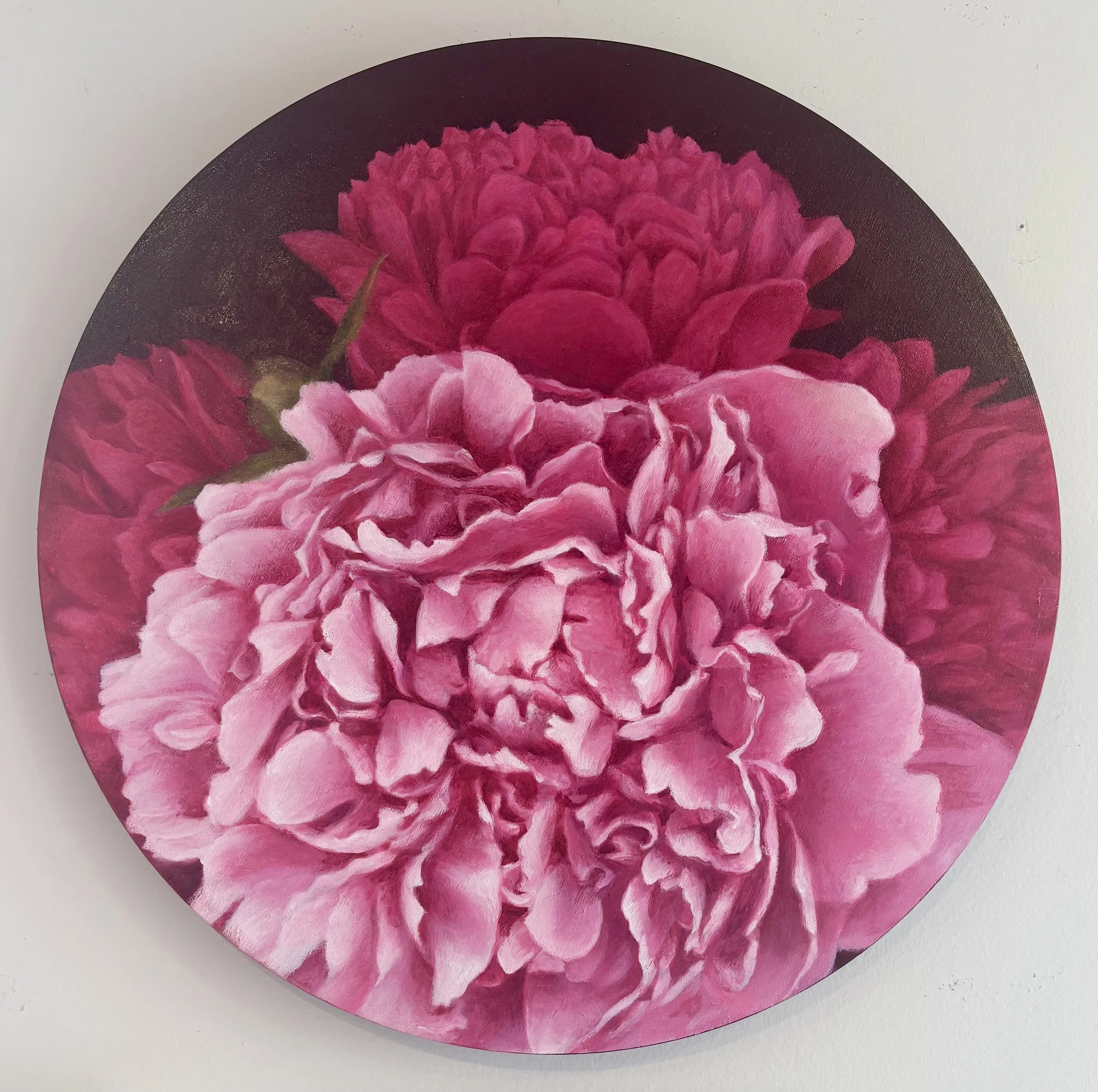 "Peonies" original oil, 16" round, $1400.00