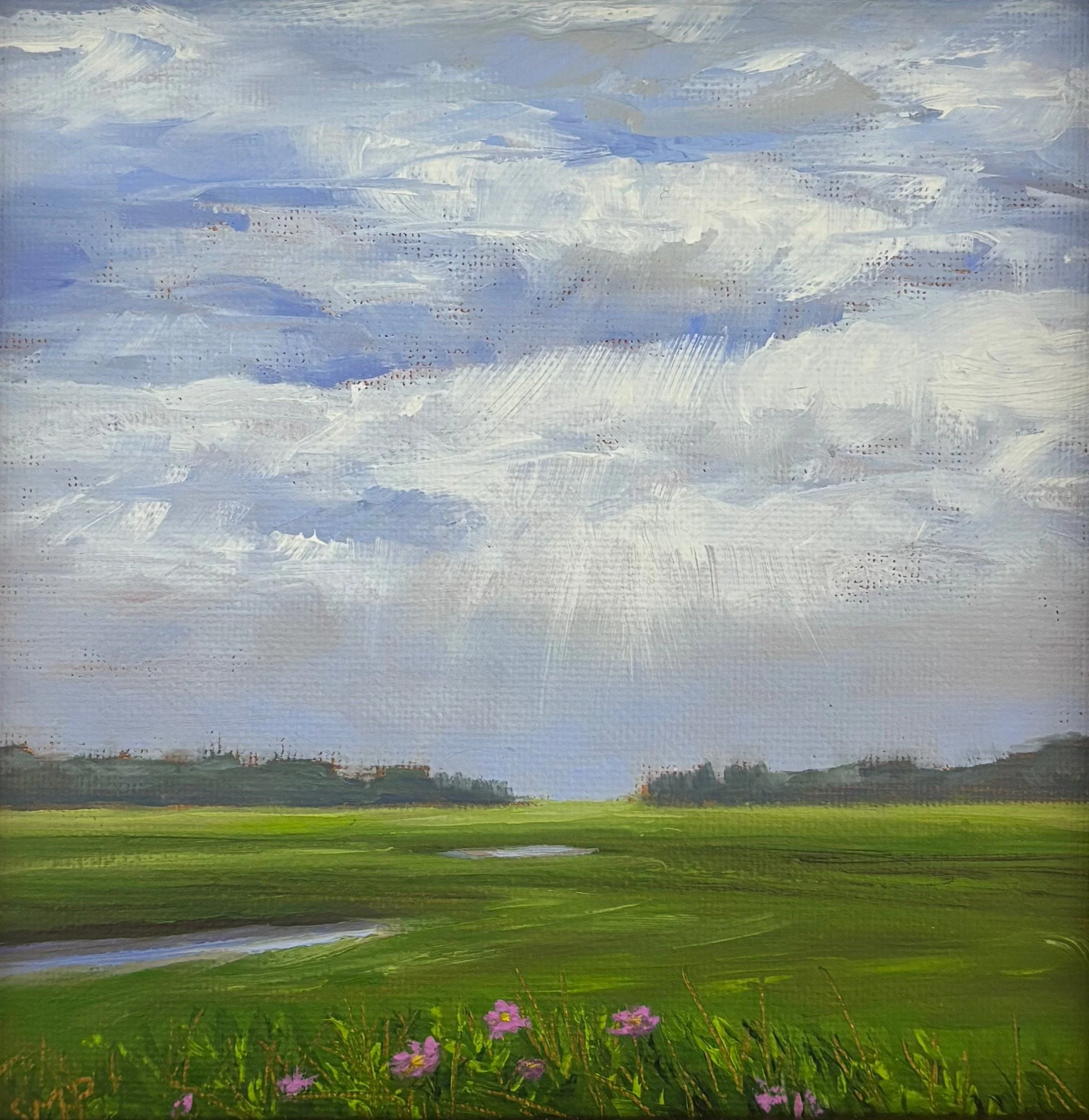 "Goose Rocks Beach Marsh, Clouds, and Rays" original oil, 6"x6", contact gallery for more information