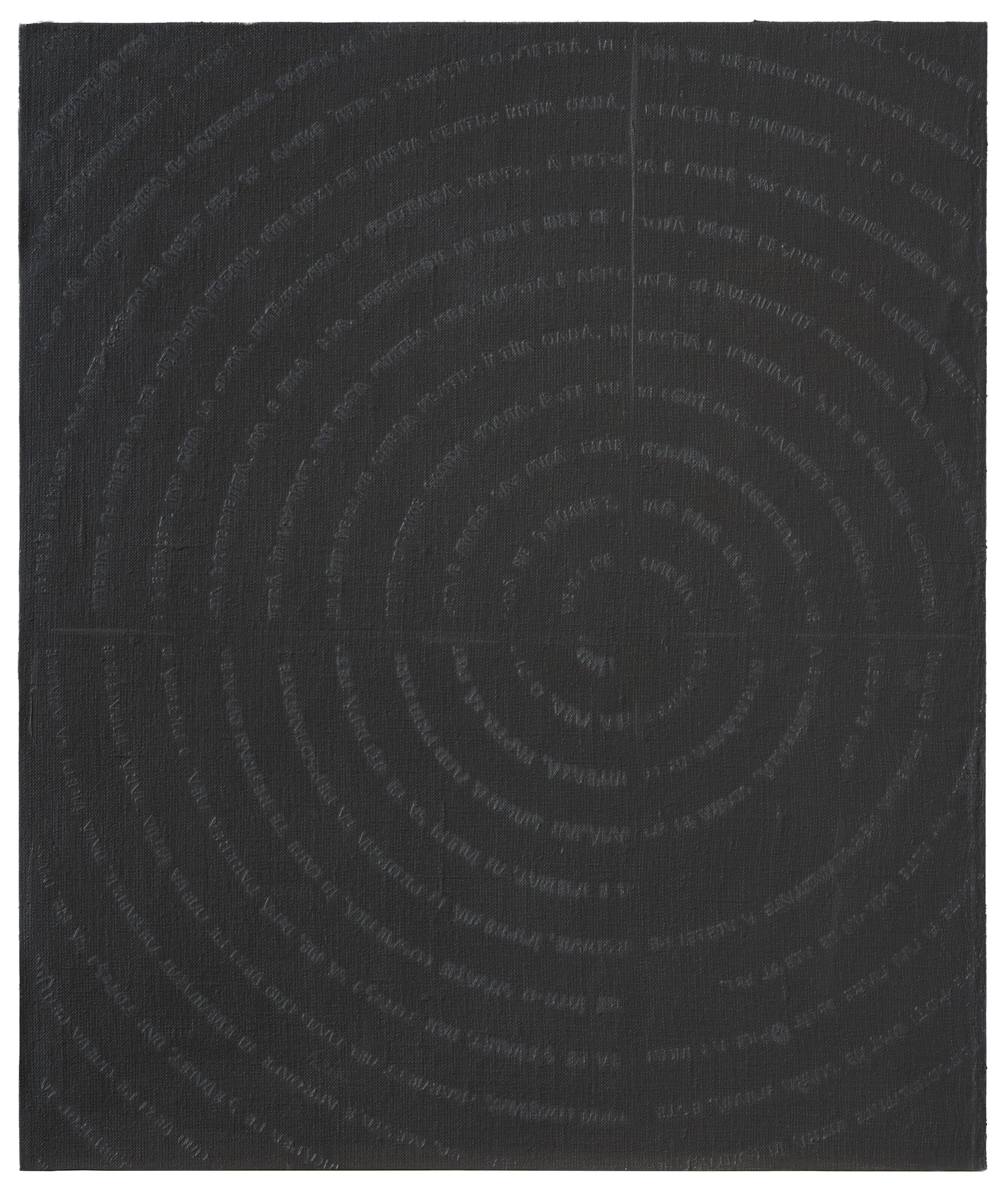 Dark textured square artwork with concentric circles of blue text on a black background.
