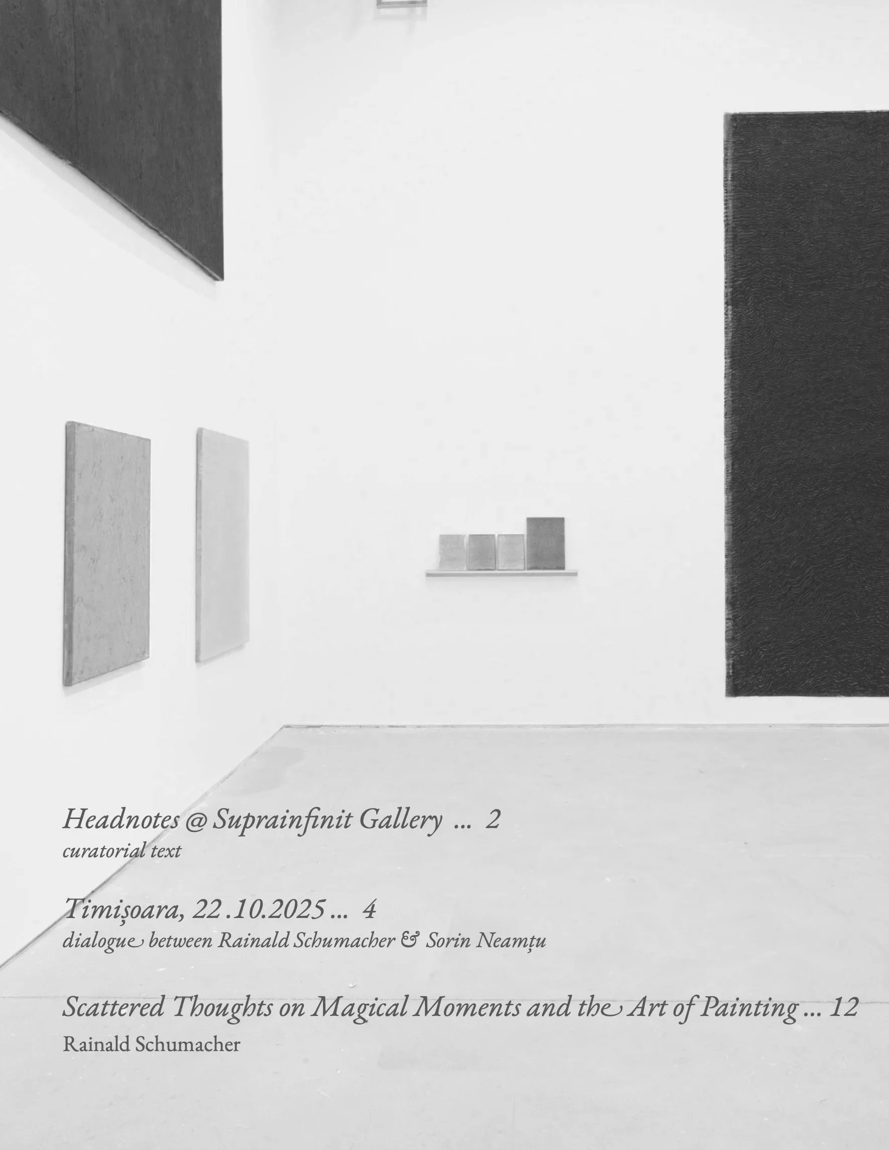Black and white art gallery exhibition info with paintings on white walls and text listing some titles and artists.