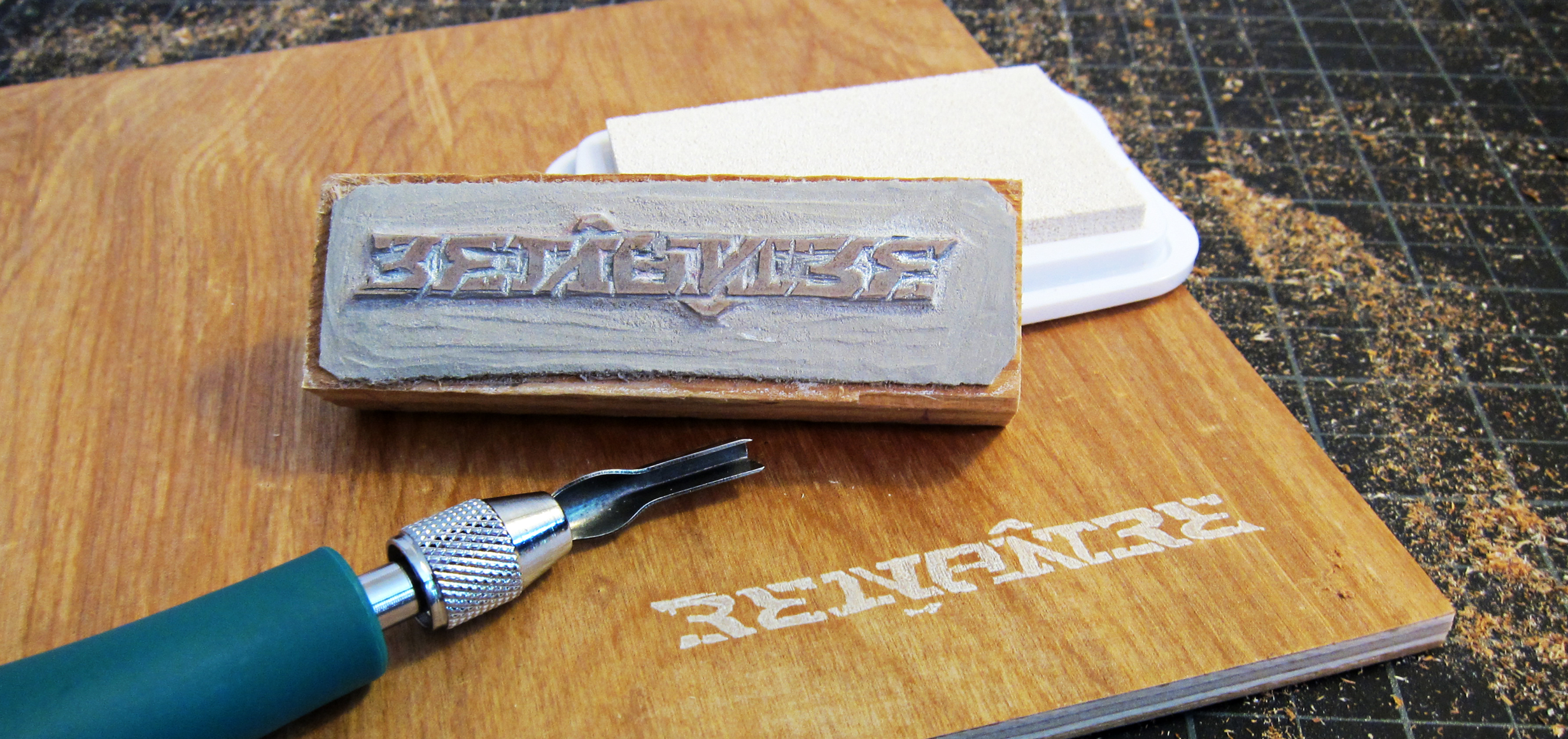 Hand-carved linoleum stamp to mark each piece with pigment ink.