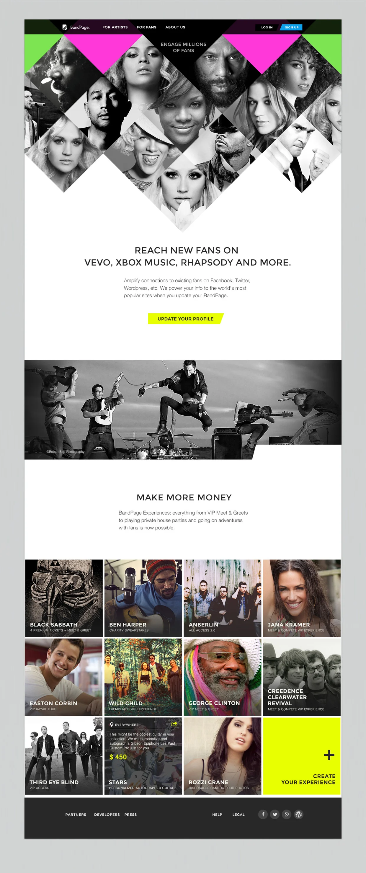 Artists section with an interactive display of top artists who are members of BandPage. Each tile is linked to their individual artist's profile. Additionally, this page features Experiences; a new promotional format for established and up-and-coming musicians.