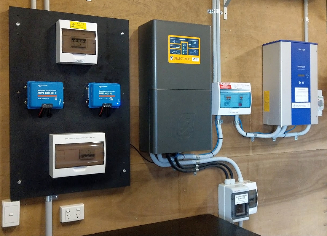 A combined AC and DC coupled off-grid solar system - Selectronic SP PRO AC coupled to a Kaco solar inverter. The lead-acid battery bank is also charged with two DC coupled Victron MPPT solar controllers.