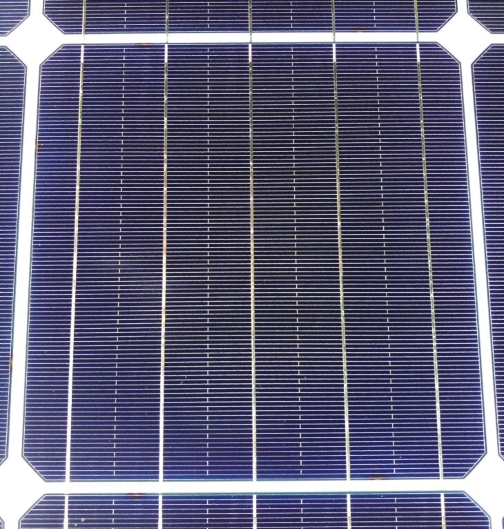 Closeup of a common monocrystalline solar cell showing the fine metallic fingers and 5 busbars.