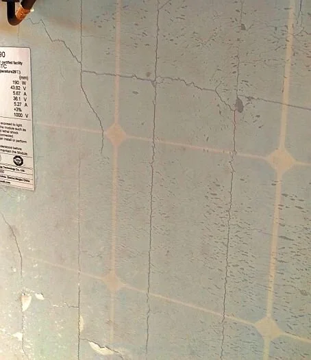 Example of solar panel backsheet cracking and delamination after 10 years