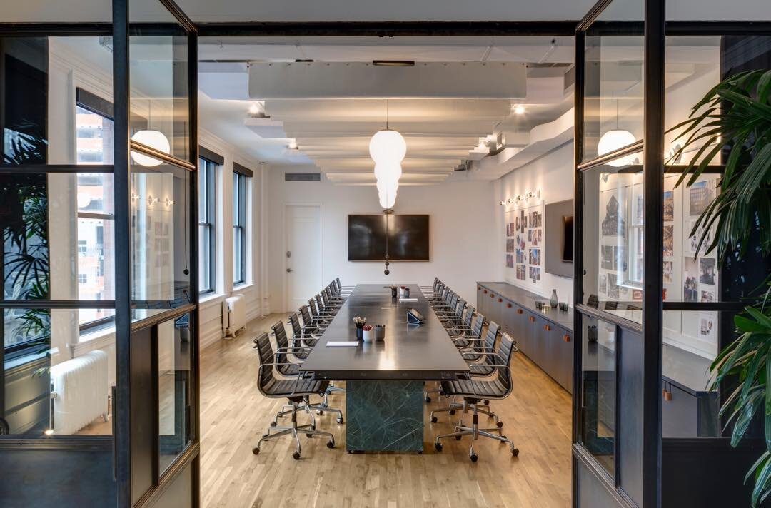 Pictured here: 32' long conference table fabricated from 4&quot; steel channels, 3/8&quot; blackened hot rolled steel plate with a marble base. The table is complemented by a blackened steel and glass entrance. Designed by #MacroSea, fabricated by Ju