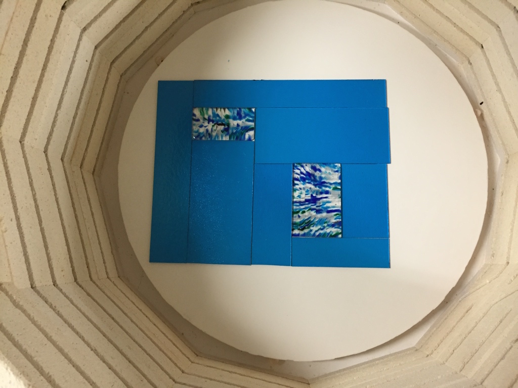 A couple pieces were slightly off (I mis-measured) but I decided to not to worry about it, since I could trim any irregular edges on the tile saw after fusing. Next, I cut all the pieces for the second layer and laid them out: