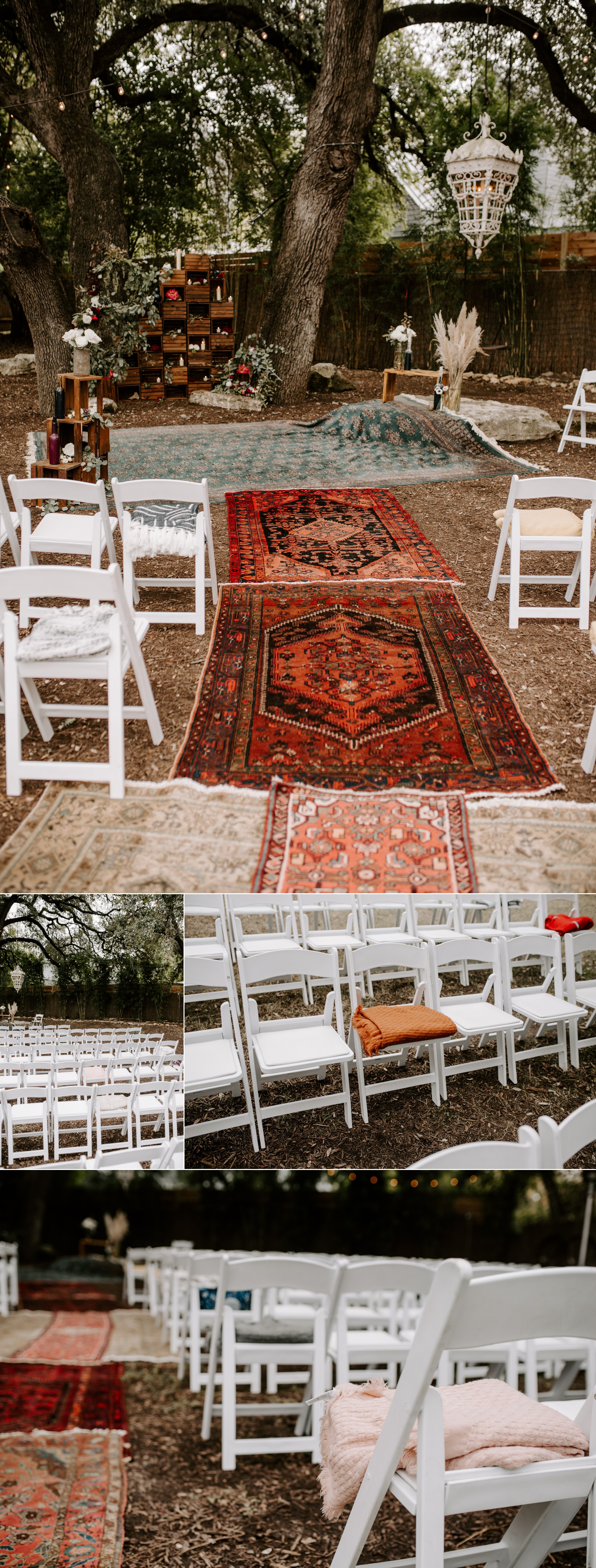 vuka collective austin backyard outdoor boho wedding venue ceremony rug details 
