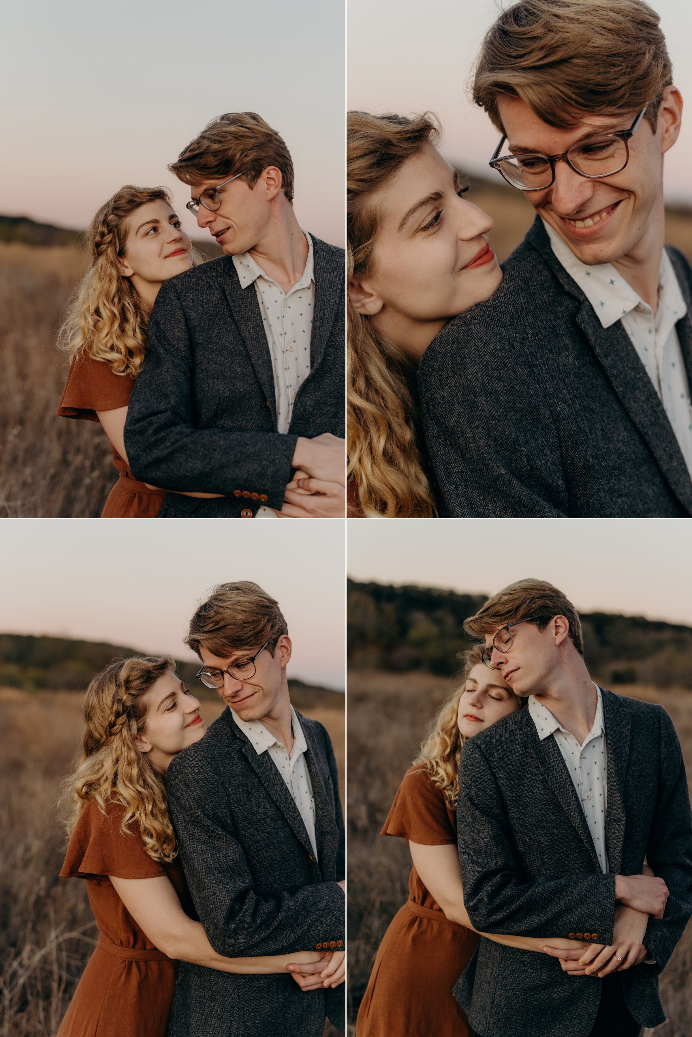  golden hour sunset portraits couple in field commons ford ranch park austin texas engagement session 
