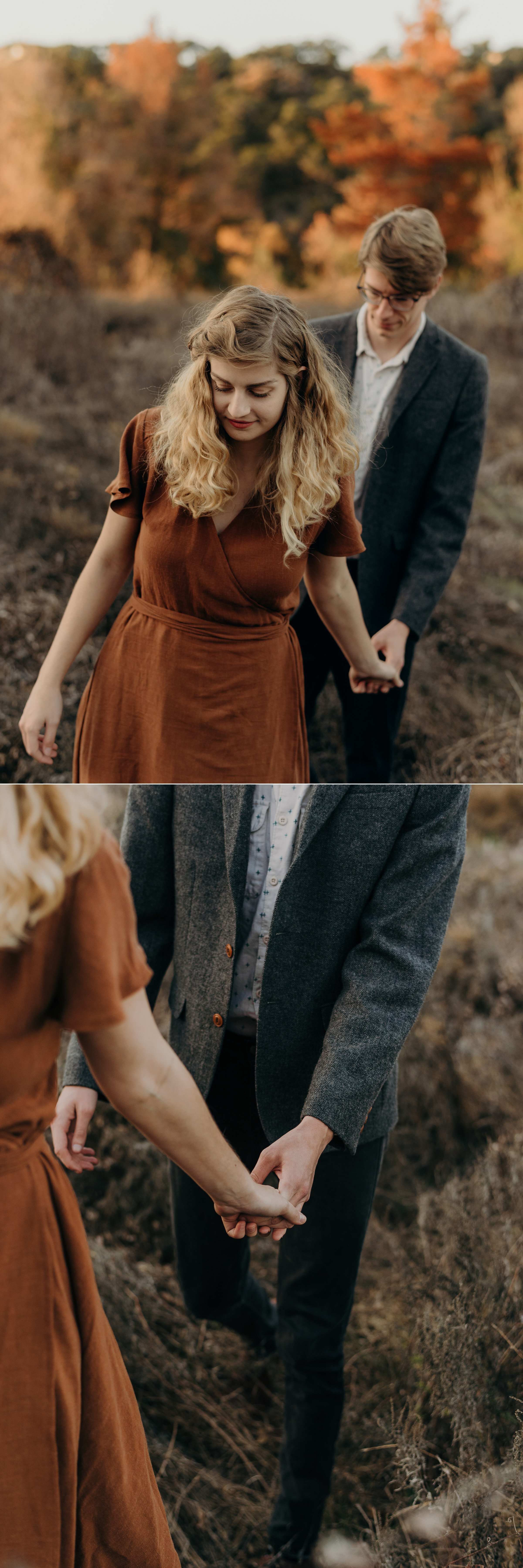  couple walking in field commons ford ranch park austin texas engagement session 