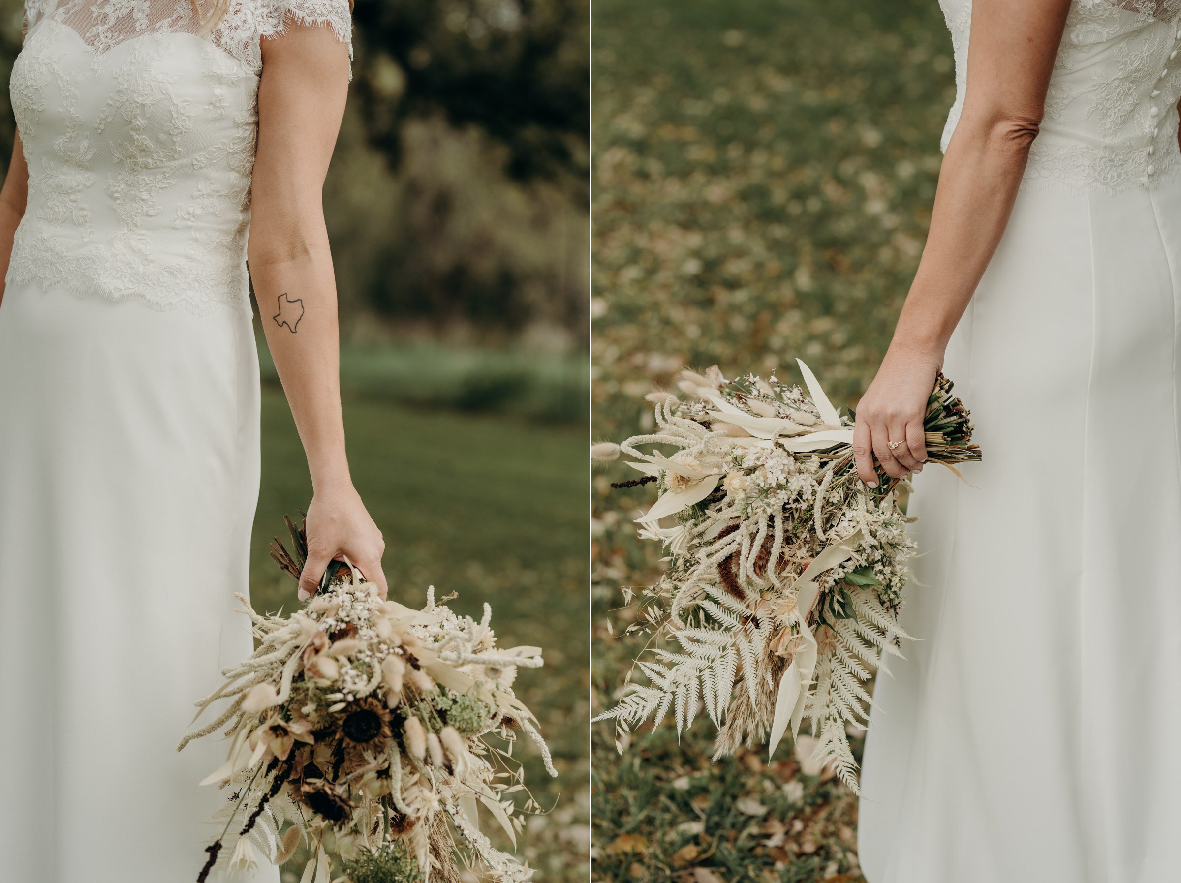 portrait of cool bride with texas tattoo on arm holding bouquet at plant at kyle wedding venue 