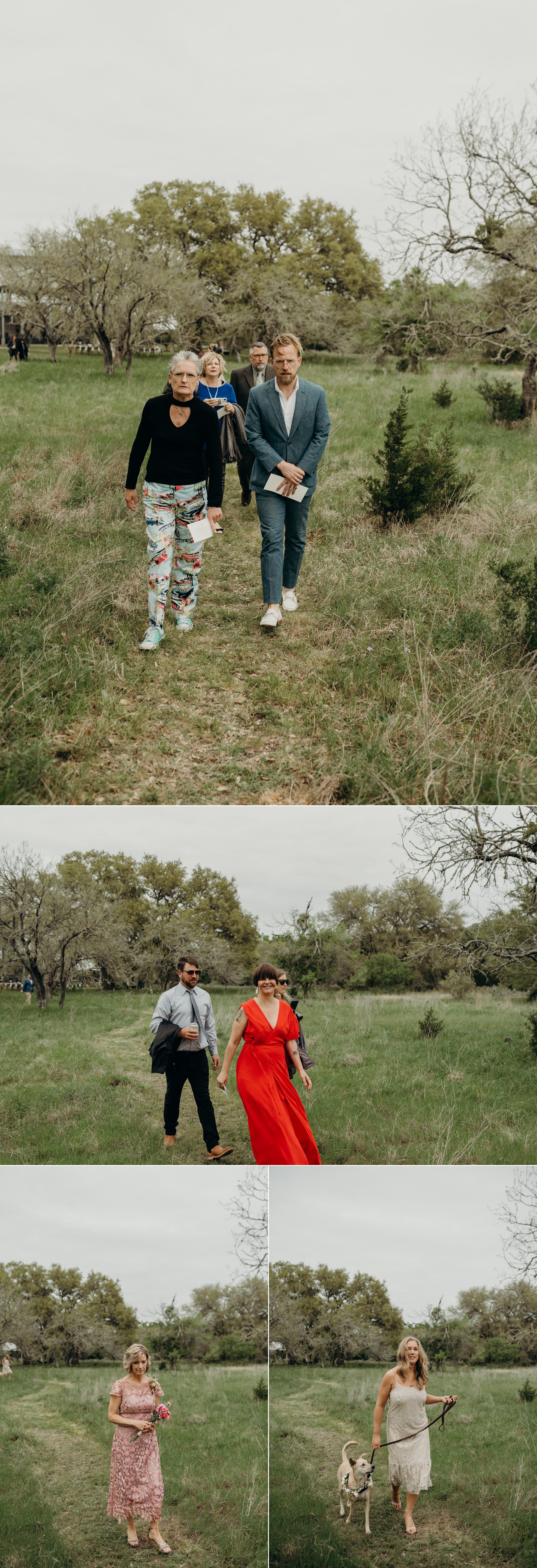  wedding guests walking to ceremony plant at kyle wedding venue austin texas 