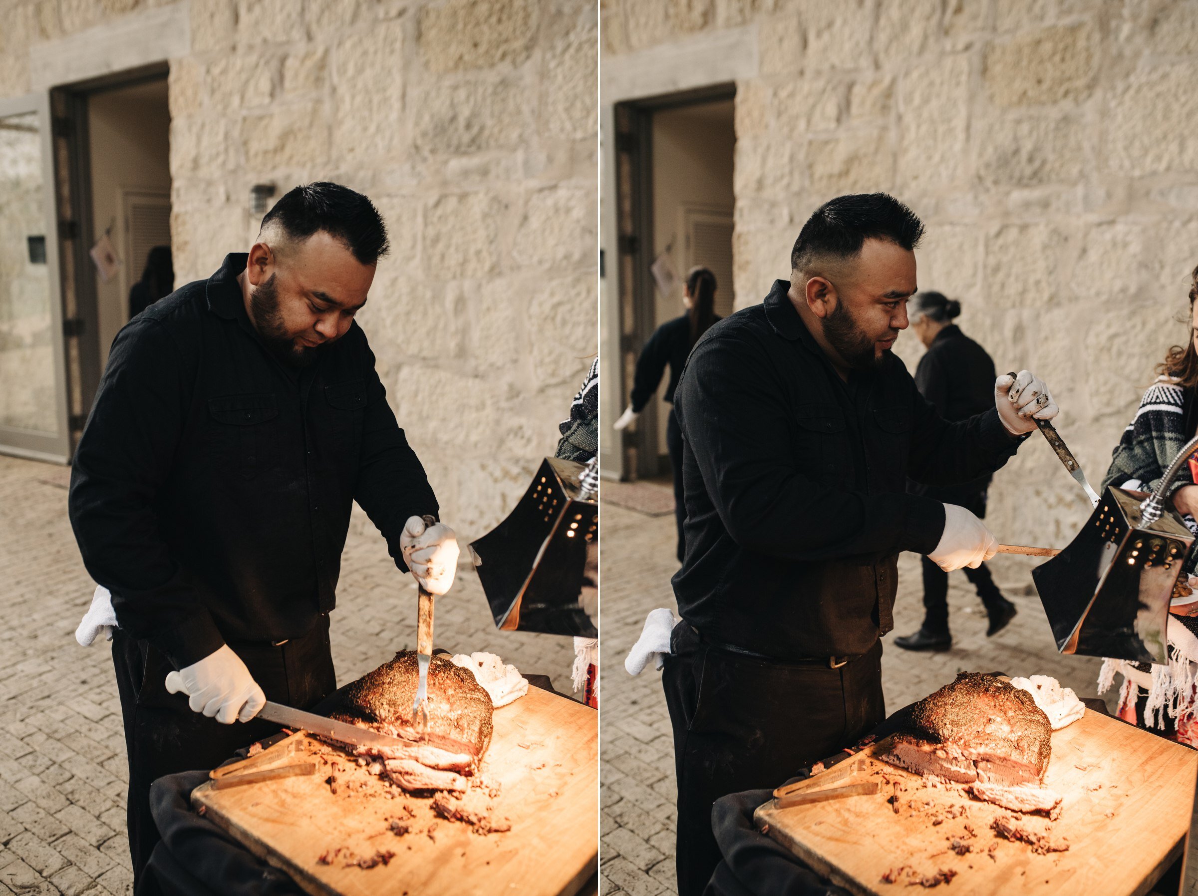  catering staff from micklethwaites bbq&nbsp;serving brisket to wedding guests in austin texas 