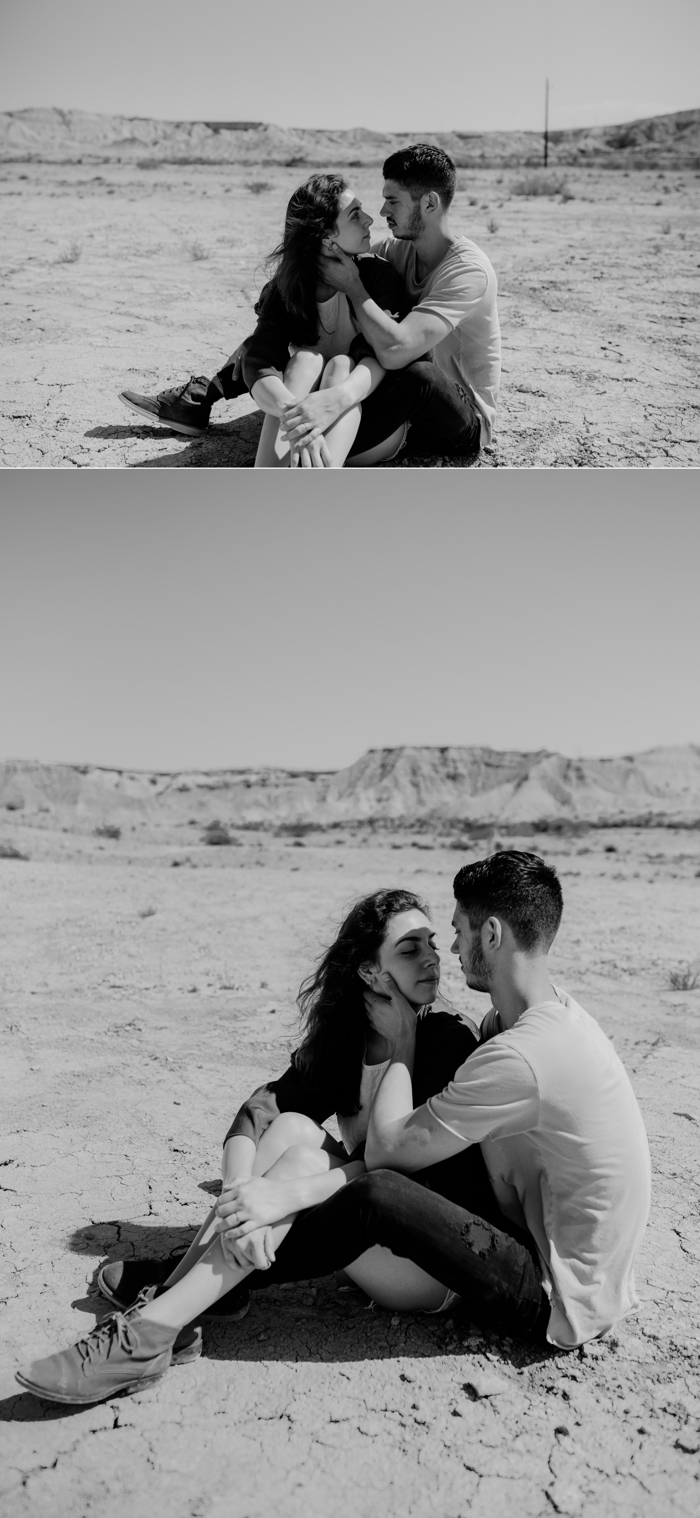  couple sitting on desert ground in terlingua west texas during big bend couples session 