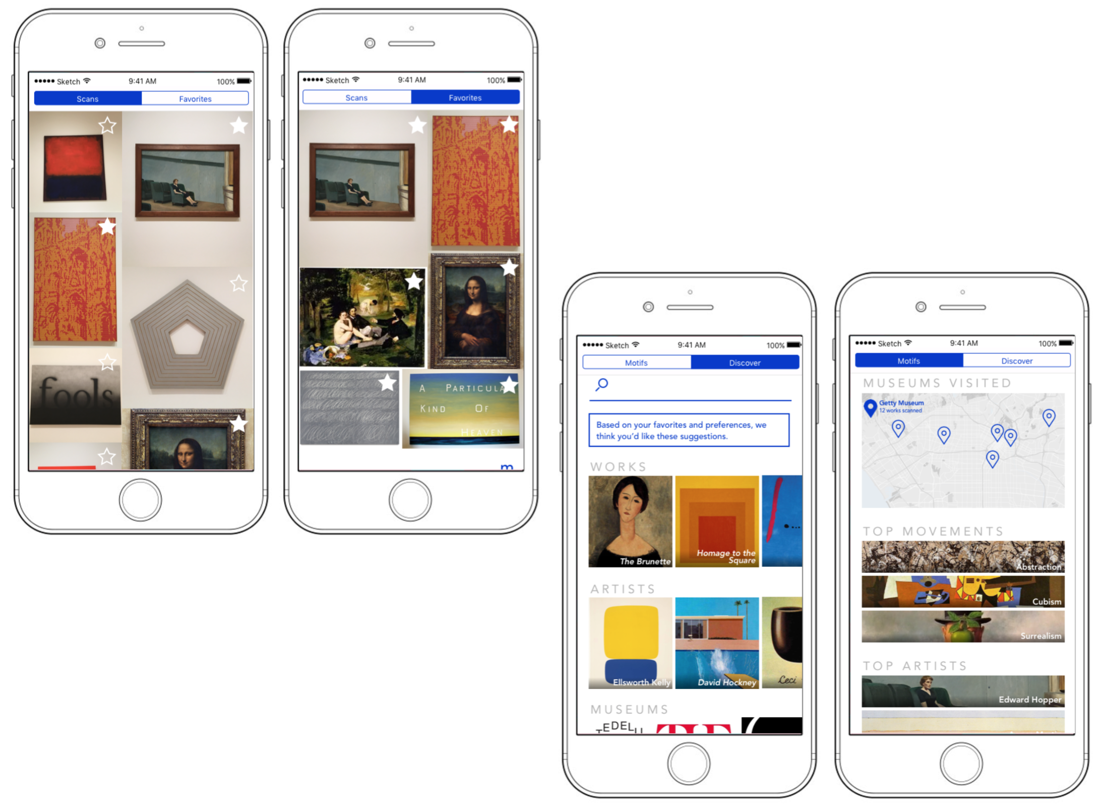 These are mockups of the more polished final views for the Scans + Favorites page and Motifs + Discover page.