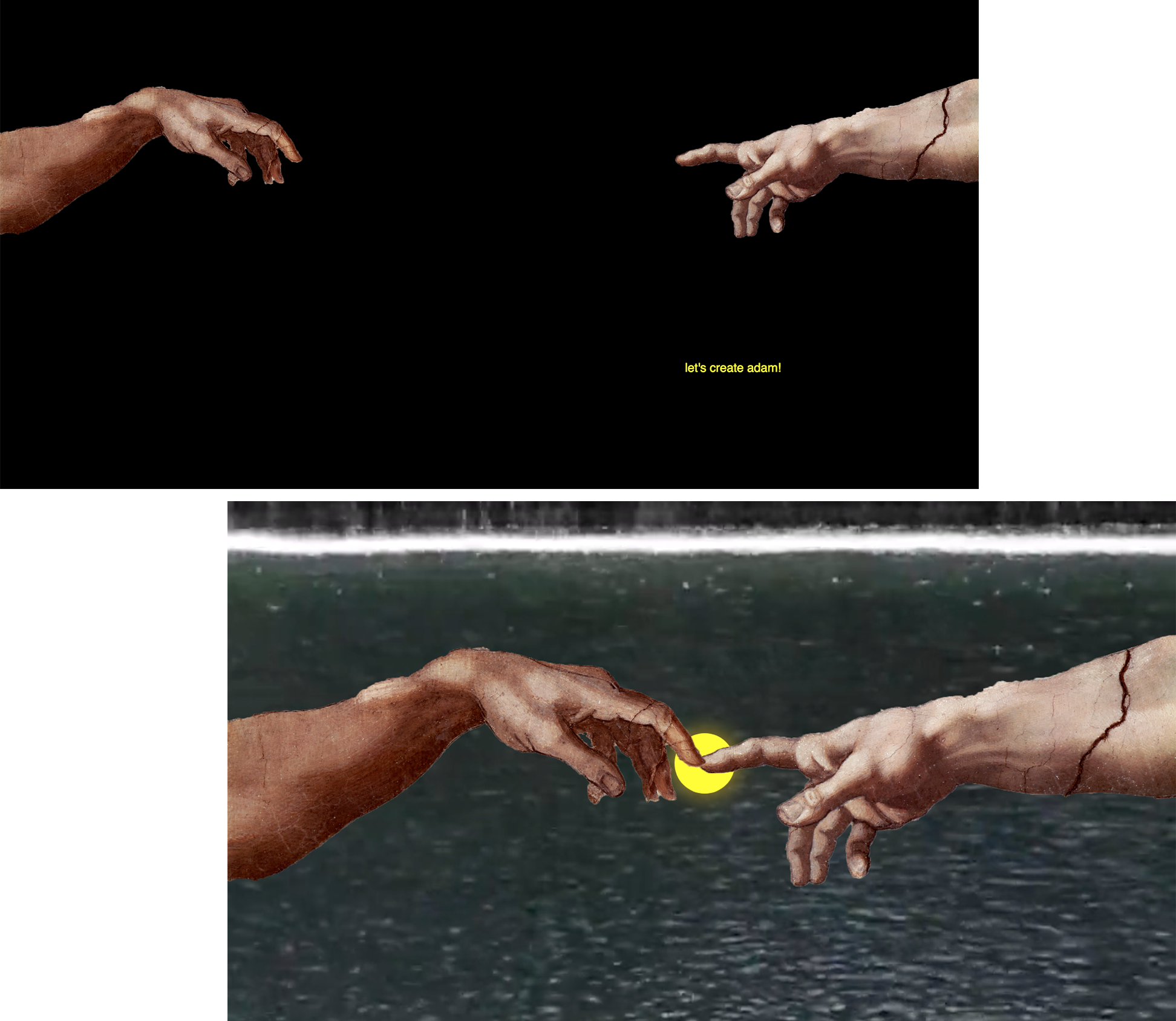 In adam , I took the famous Creation of Adam hands by Michelangelo and asked the user to “create adam.” By dragging the window until the fingers touch, a glowing orb and flowing water appear in the background. I love incorporating art historical references in my work. See it here .
