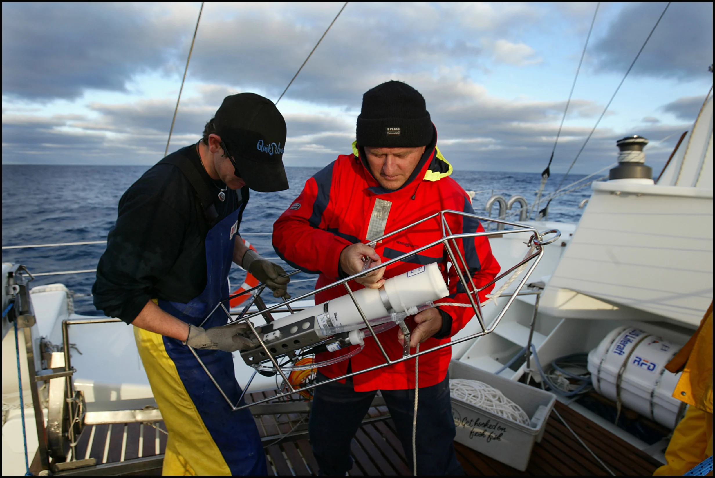 Peter Gill working on equipment for Blue Whale research off Portland, Victoria Photo: Sandy Scheltema