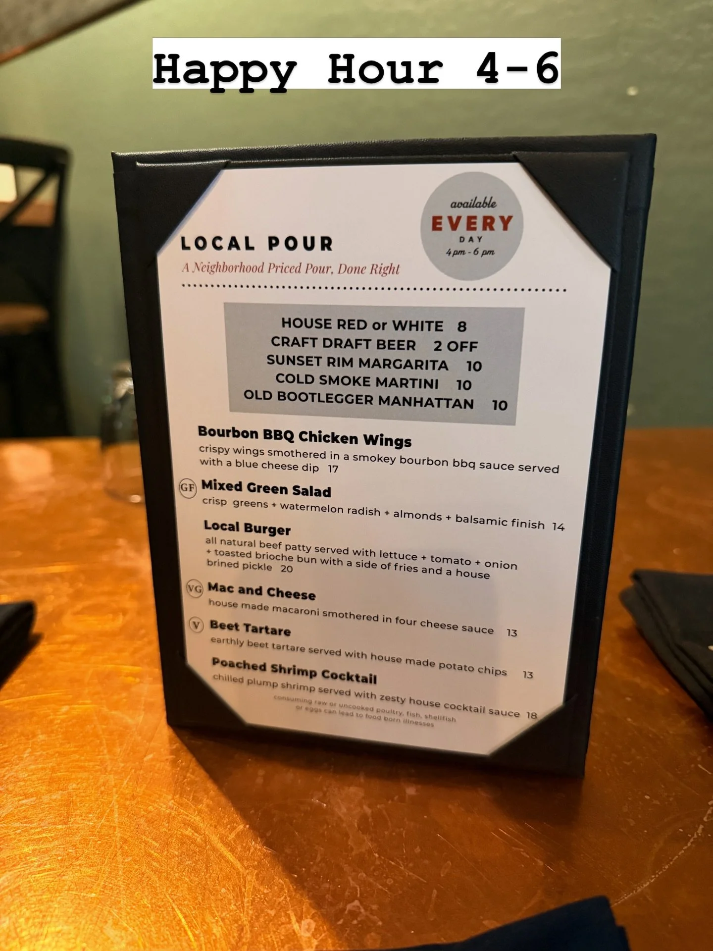 This is what 4pm looks like in Truckee.

Every day. 4 to 6. No gimmicks.

A $10 Cold Smoke Martini. An Old Bootlegger Manhattan that tastes like it was made for this town. Wings. Shrimp. A burger that earns its price.

We call it the Local Pour becau