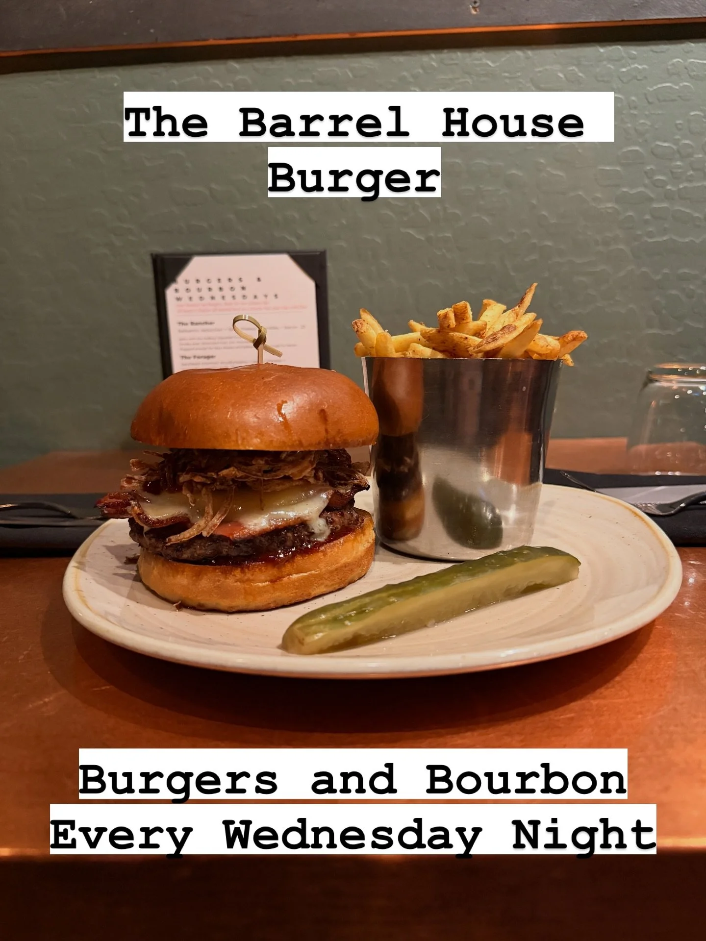 Four burgers. Four pours. Every Wednesday night.

The Barrelhouse Bacon. Crispy fried shallots, bourbon BBQ sauce, cheddar, and bacon stacked on all-natural beef. Paired with a Buffalo Trace. Vanilla, oak, soft caramel. Built for exactly this.

Bar s