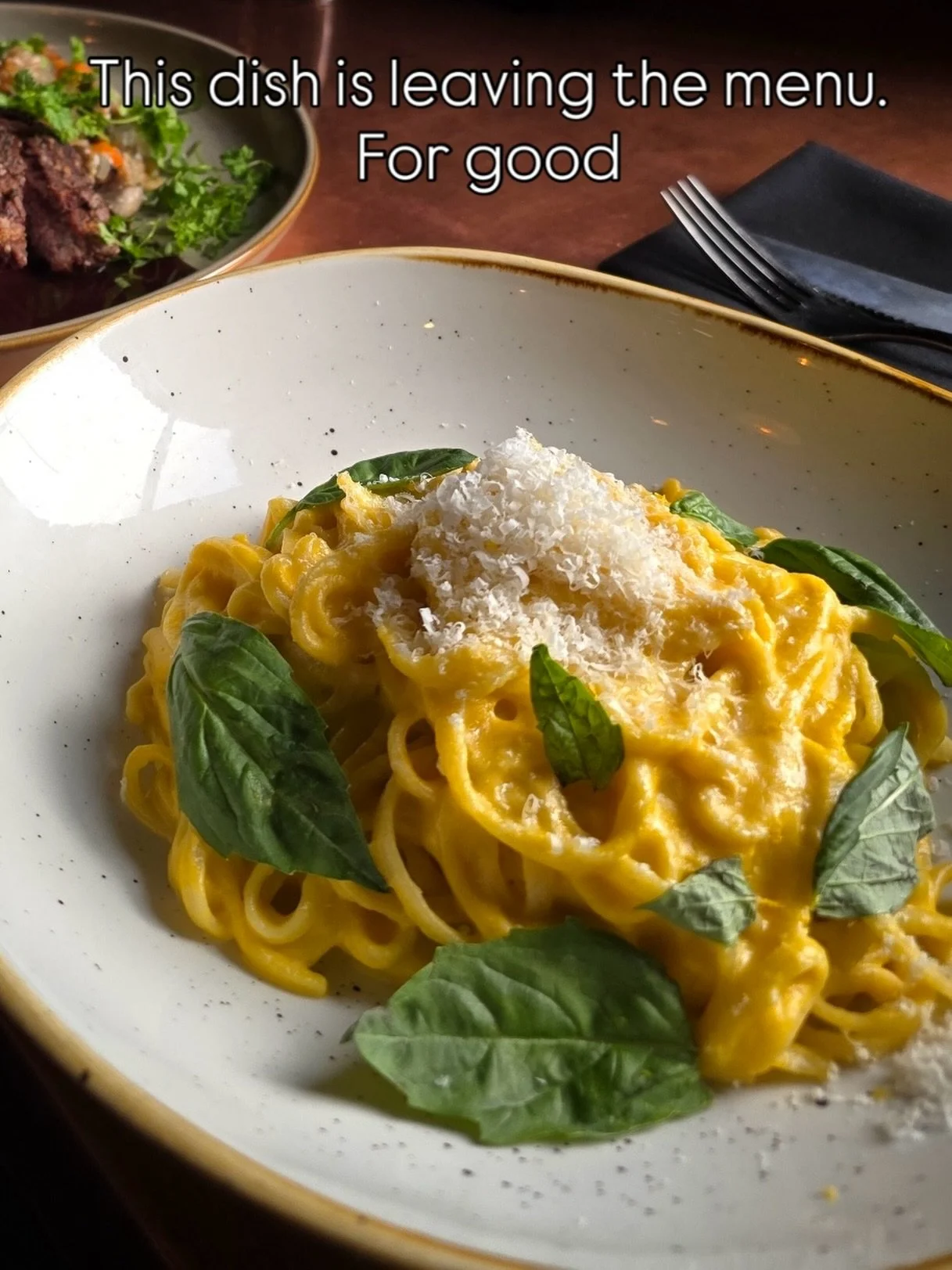 The Butternut Squash Alfredo is on its way out.

House made linguini. Butternut squash alfredo. Bacon lardons. Fresh basil. Grana Padano. It is one of those dishes that sounds simple until it lands in front of you and you realize Chef Josh built some