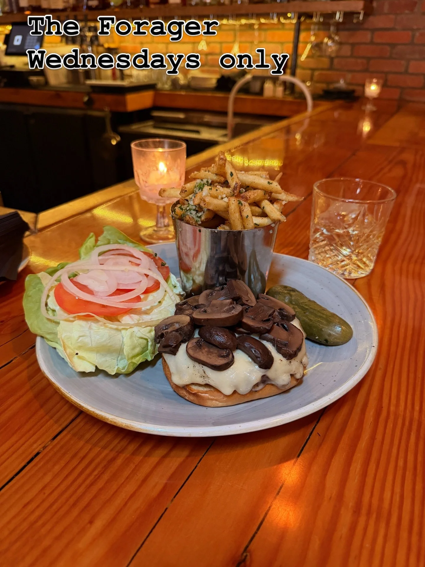 Sauteed cremini mushrooms. Swiss. Arugula. Garlic aioli. All natural beef on a brioche bun.

The Forager. $21. Wednesdays only.

It pairs with Stranahan&rsquo;s Colorado Whiskey because malted barley and caramel warmth do something special with mushr