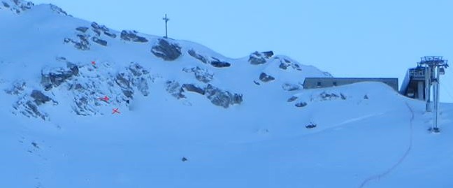 The cliff with the red crosses is the big cliff referred to. The lowest x is where I was hoping to land and the one just above is where I actually landed. the top x is the take off.