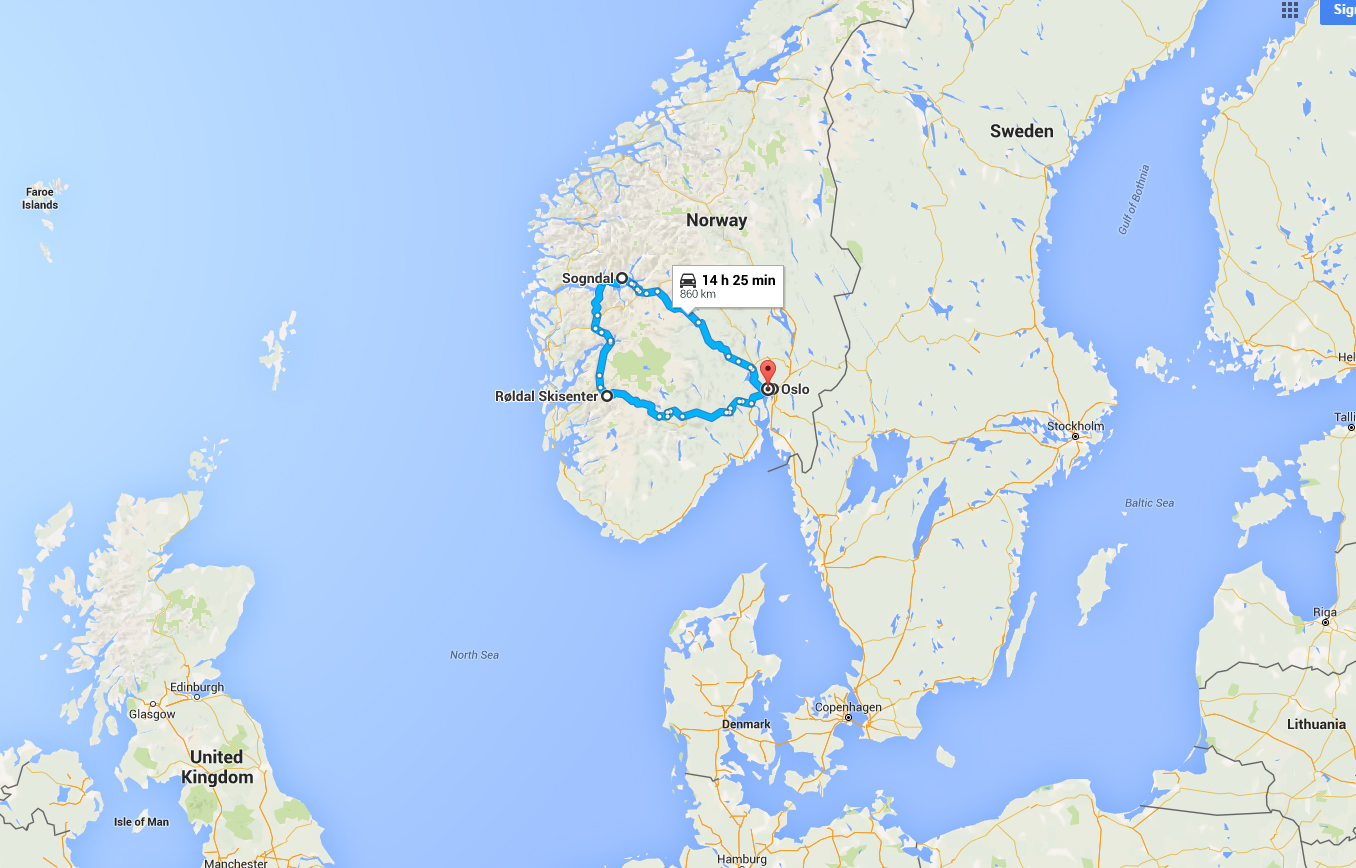 A map showing relative locations of Oslo, Sogndal and Roldal. This is not the actual route I took, I went by bus direct from Oslo to Sogndal and back. About a 7 hour trip. 