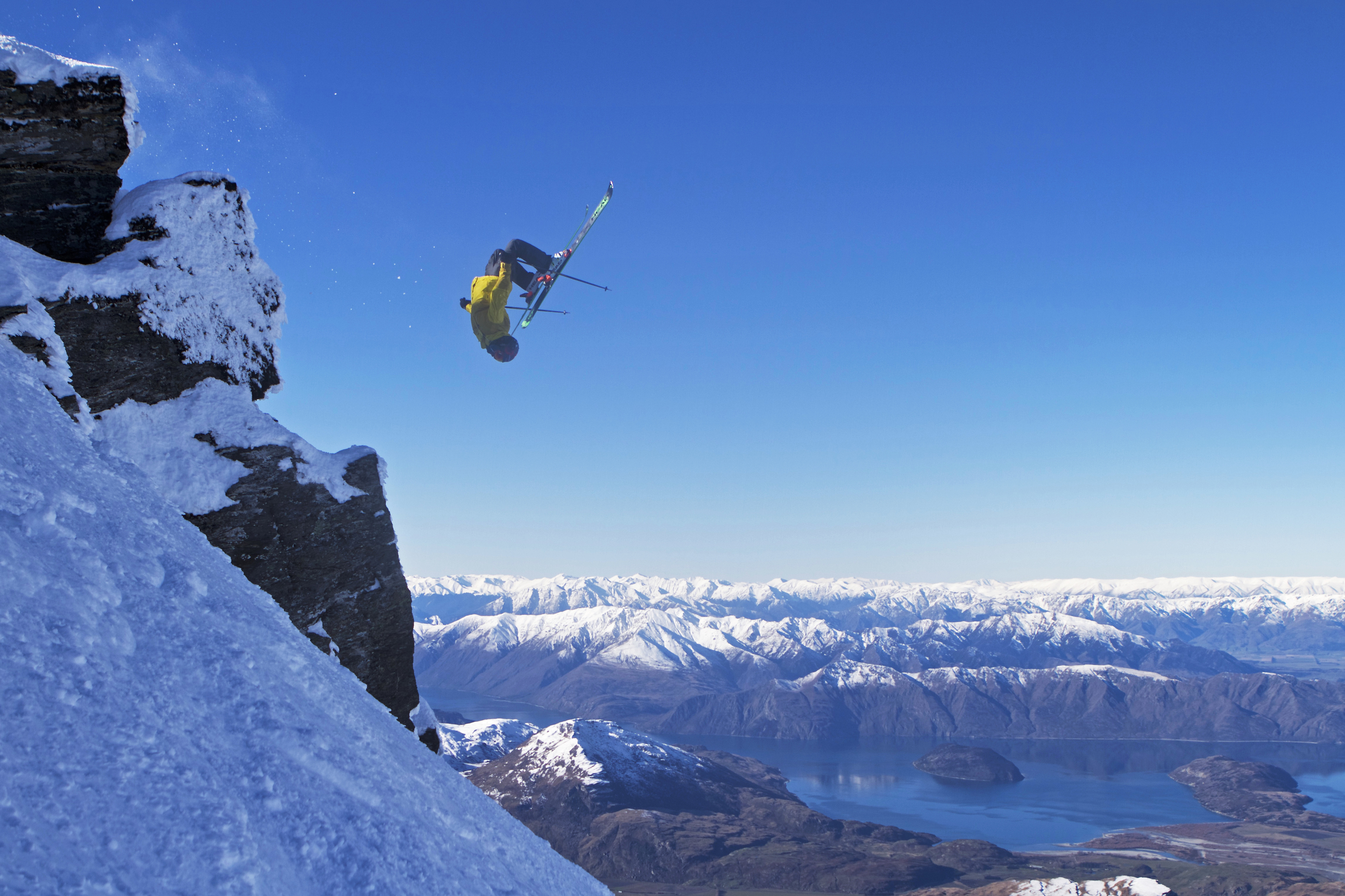My Second time backflipping off the Treble Cone Summit rocks, POV below. Photo : Oscar Mandin