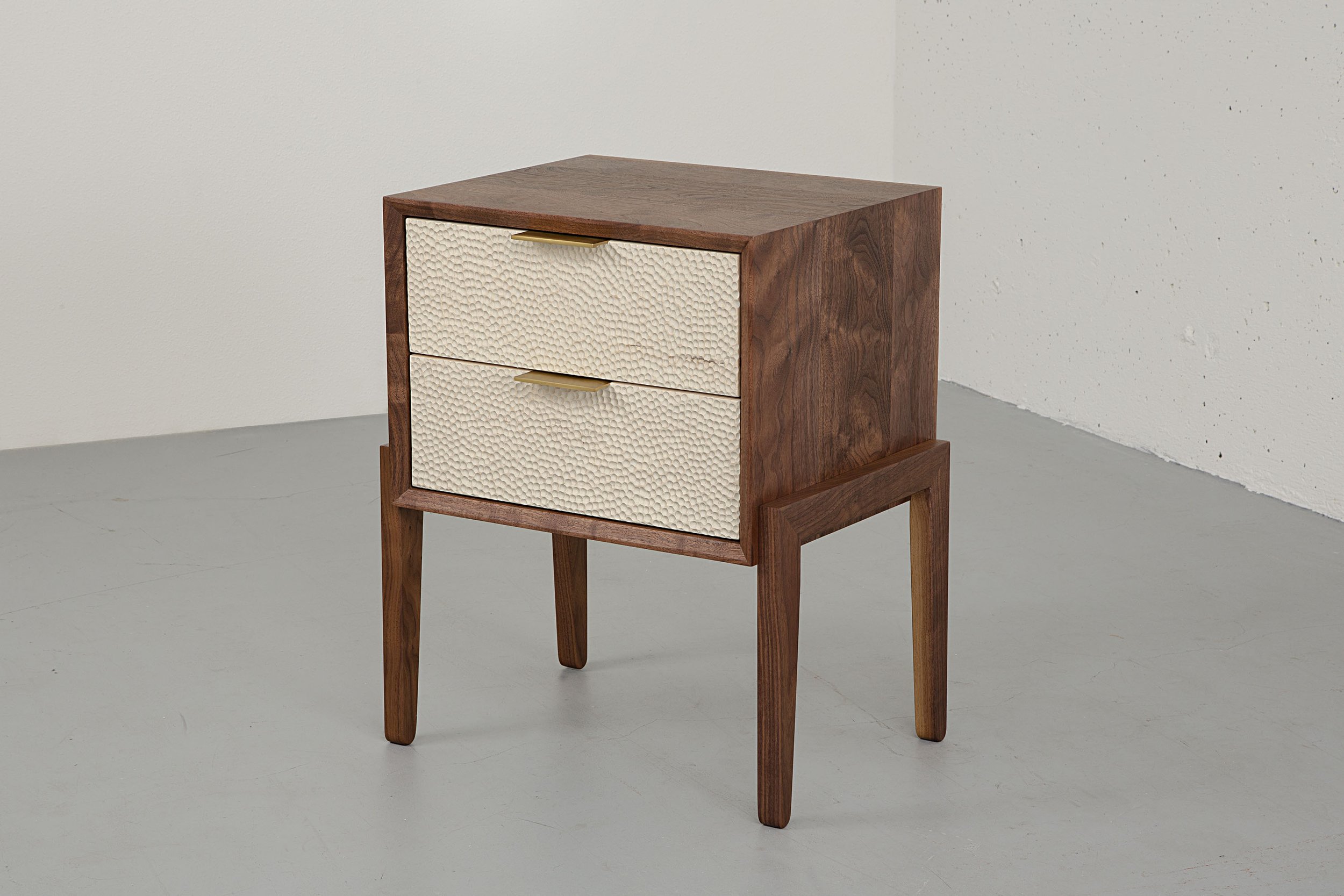 LA BRINCA NIGHTSTAND in american walnut and carved bleached maple