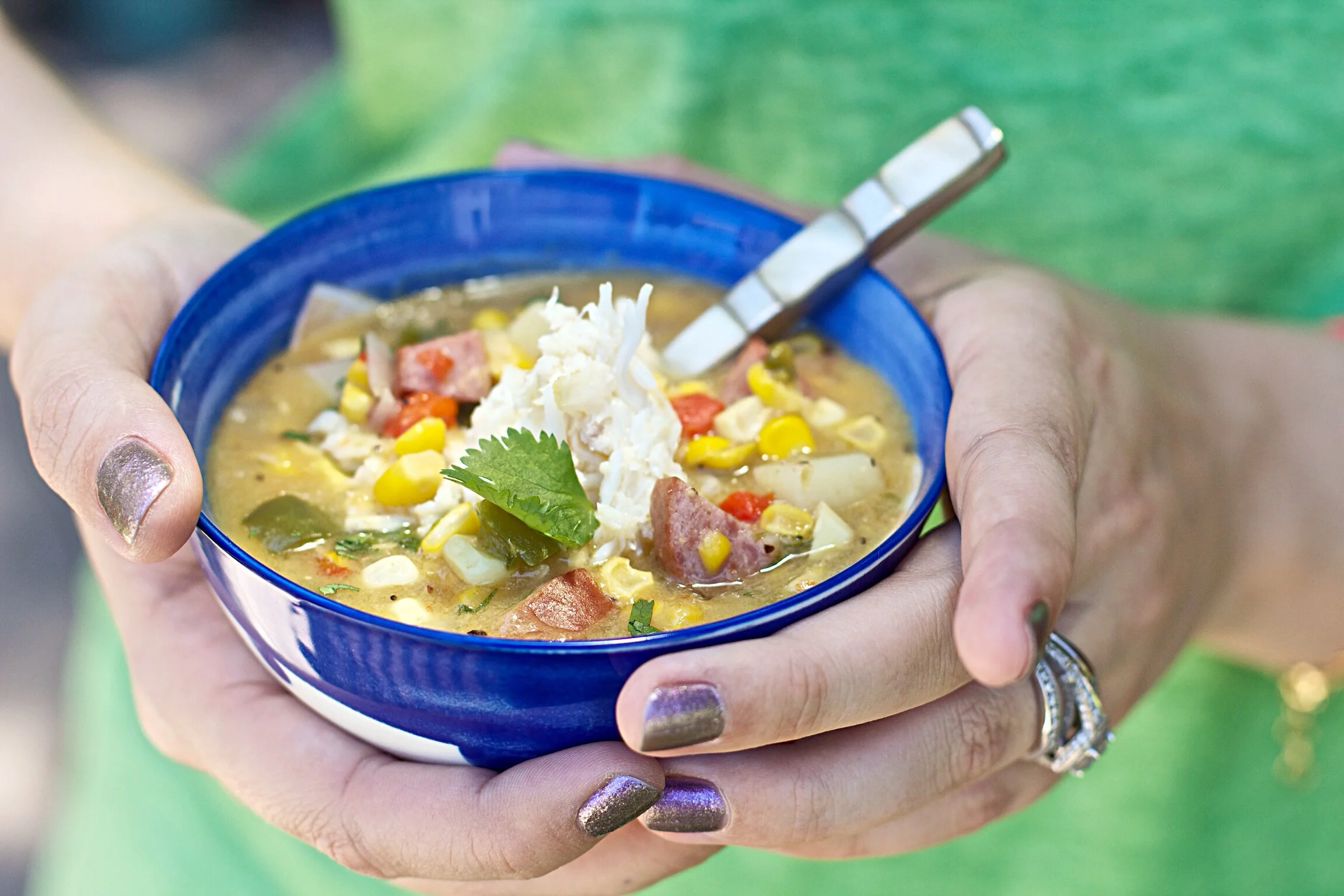 Unedited but still looking scrumptious. Holly's corn chowder. 