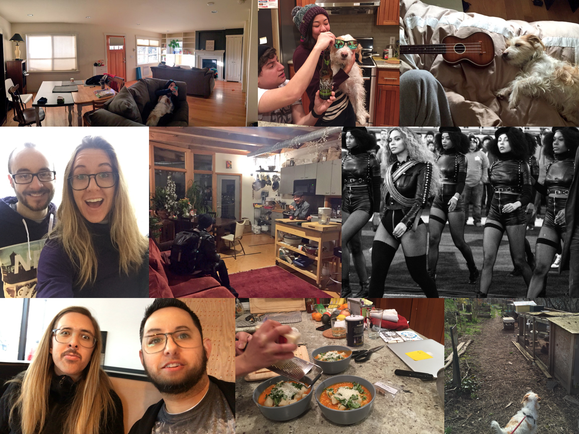February: Lots of Elko pup bonding; Eunice's superb cooking; Nick Brandon came for a visit; Beyonce was at the Superbowl; Paul and I face swapped to create Nicolas Cage. 