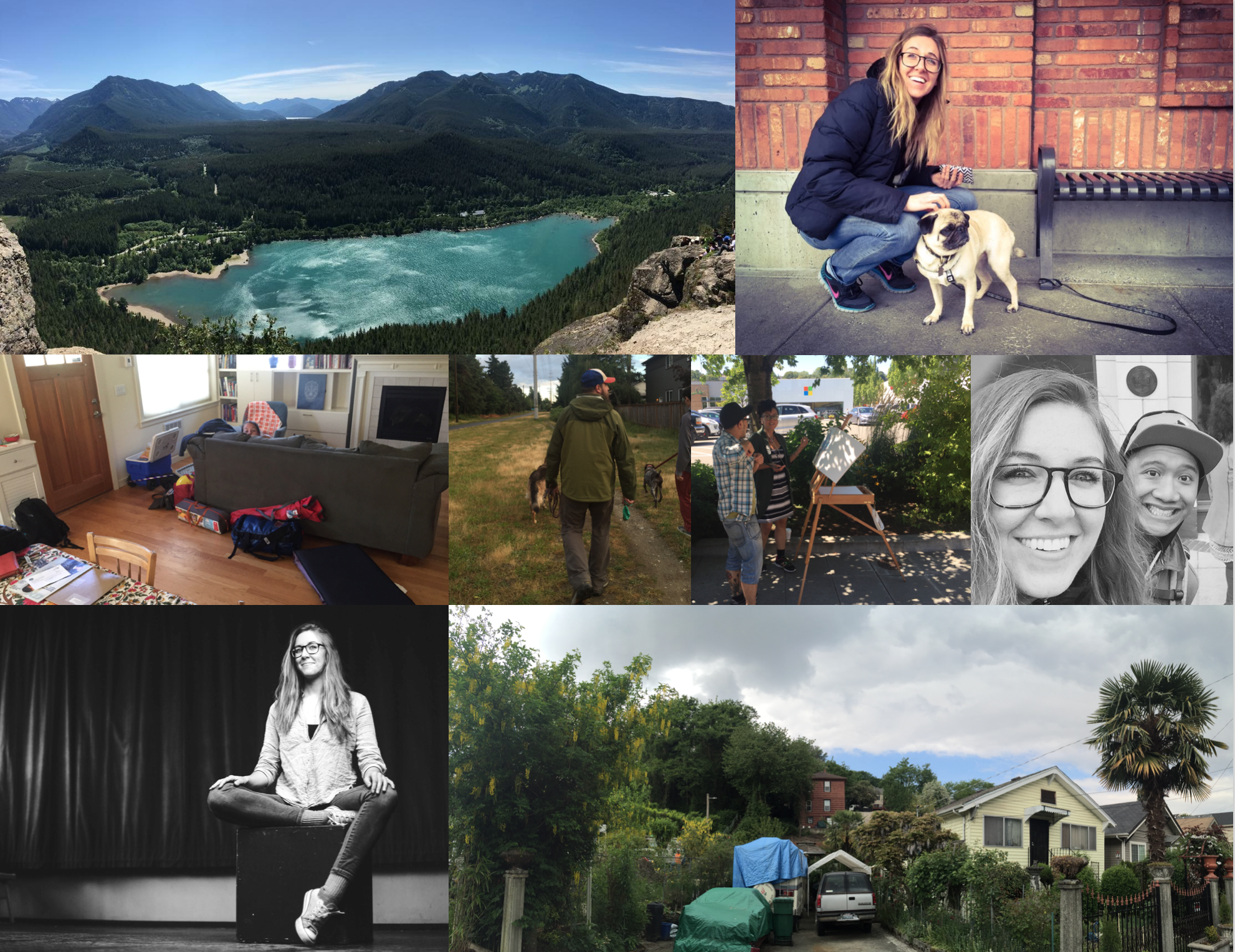 May and June: Rattlesnake Ledge; Claire came back from Sasquatch camping; Anthony's visit; I ran through the North Beacon hill neighborhoods a lot; walked Justin's roommate's dogs; Shamika drew outside the store on her breaks with her new easel on nice days; Paul sort of took my portrait at a rented space in Seattle Center. 