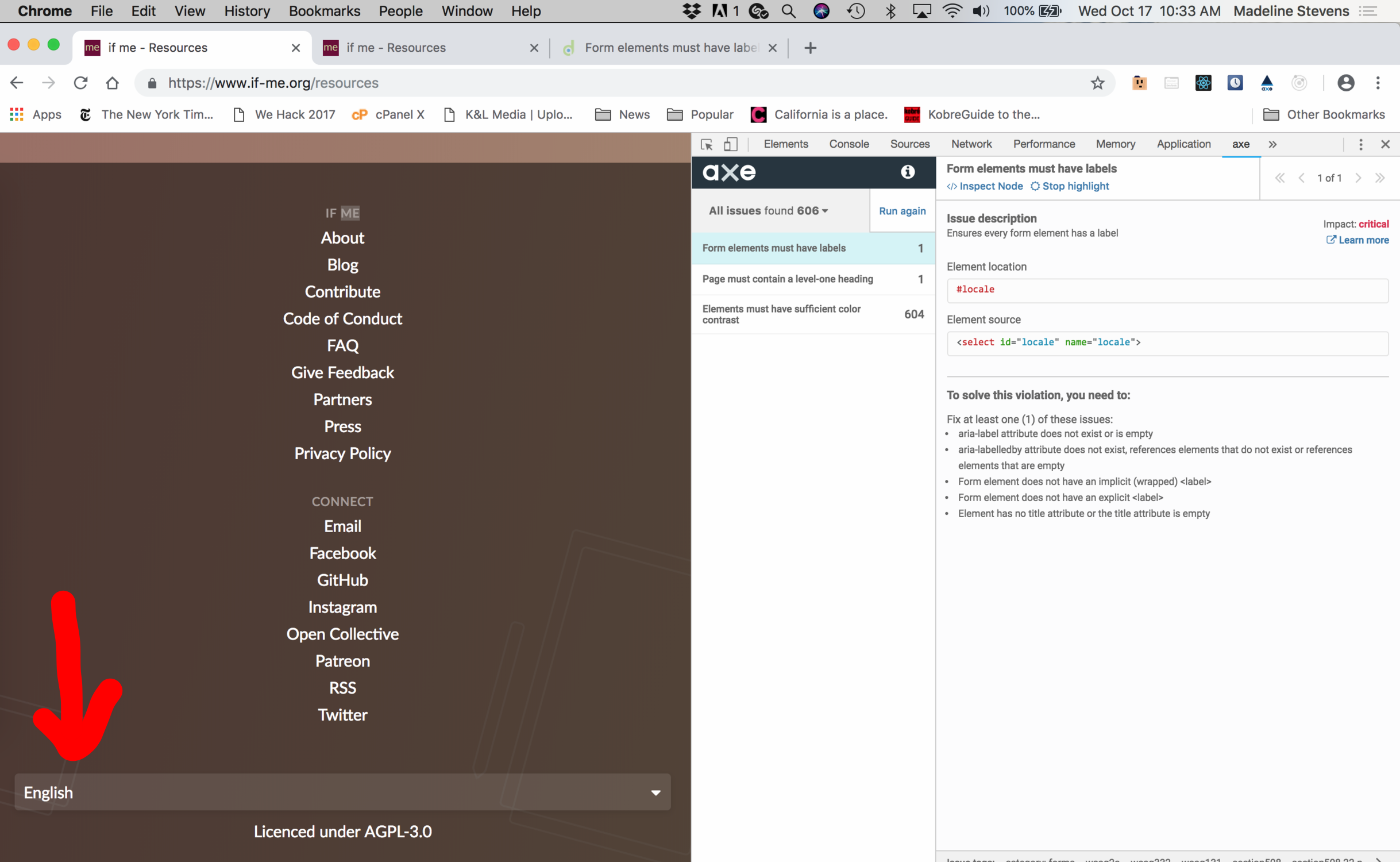 Screenshot of aXe informing me that this drop down menu (see red arrow) full of links doesn't include any ARIA labels.