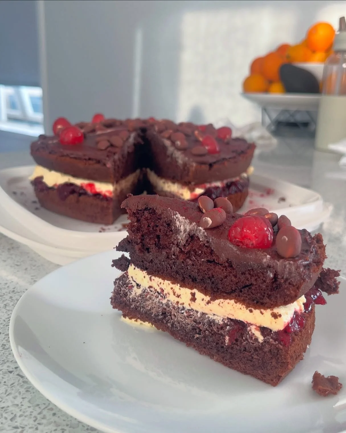 Black Forrest chocolate cake, with vanilla buttercream and cherry-berry compote, topped with glaće cherries and chocolate coated peanuts 🥜 🍒 🍫 🍰 Birthday cake for Dad&rsquo;s special day. Hip, hip, hurray!