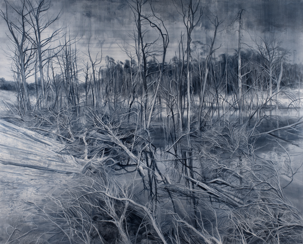 Deadfall Reflections in paynes grey, 164cmx204cm, oil on canvas