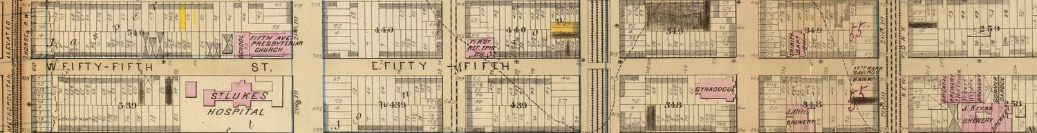 55th Street, New York– between 6th Avenue and 2nd Avenue– detail from G.W. Bromley Atlas of Manhattan 1891