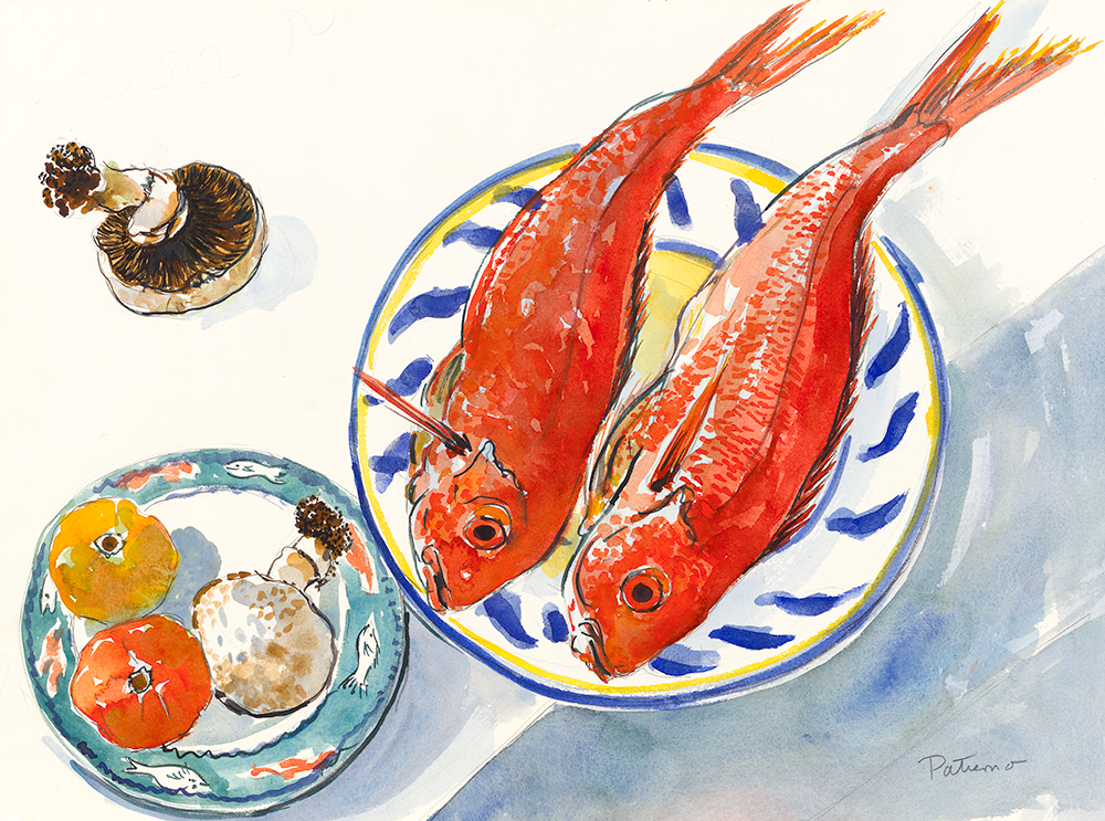 Red Snappers with Mushrooms watercolor 22 x 30